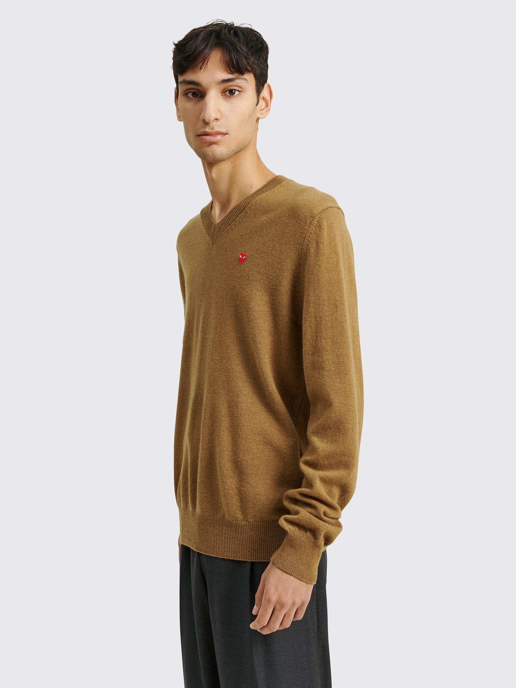 COMME DES GARÇONS PLAY MINI HEART V-NECK KNIT SWEATER BROWN - 3