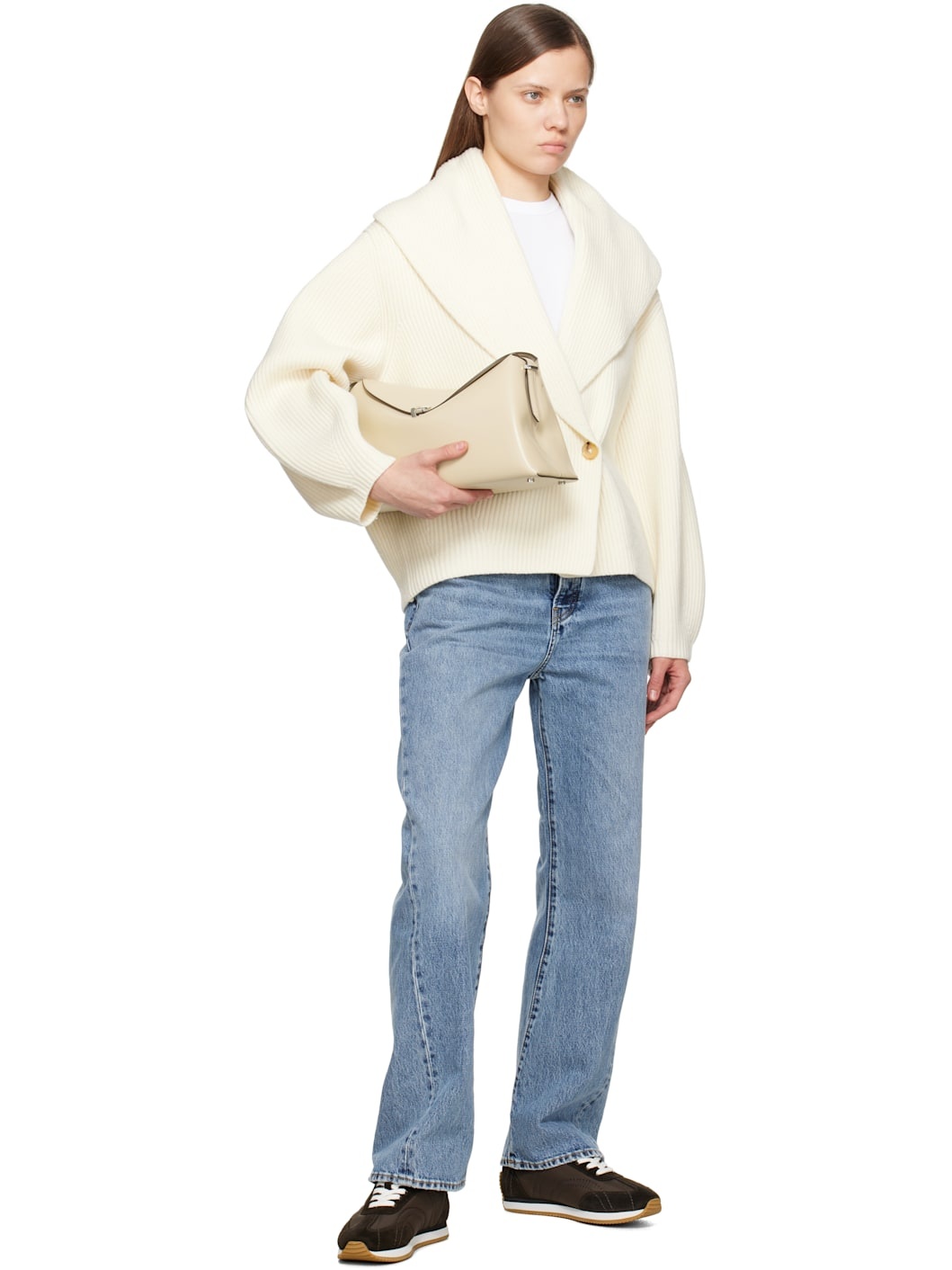 Beige T-Lock Leather Top Handle Bag - 4