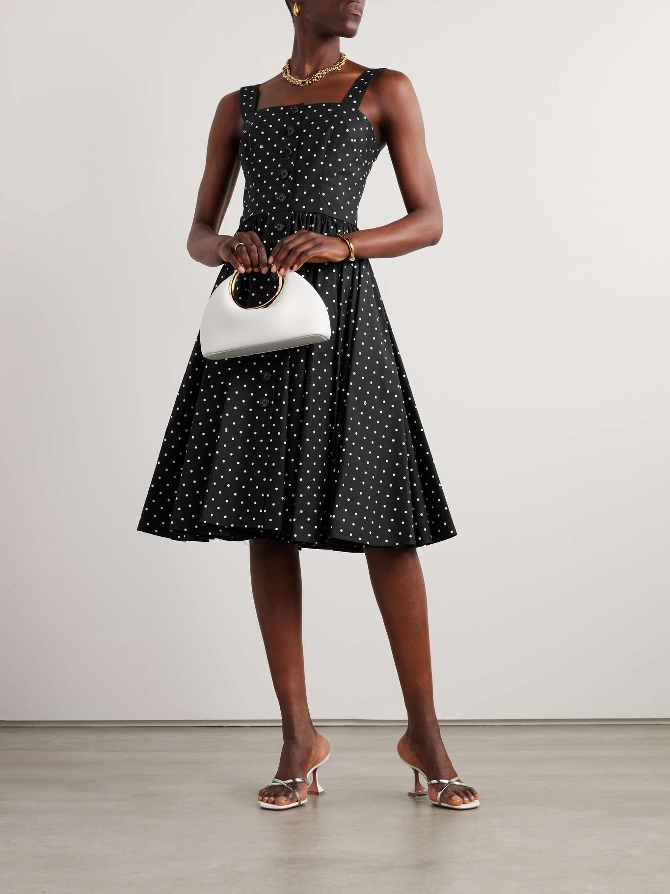 Gathered polka-dot cotton-poplin midi dress - 2