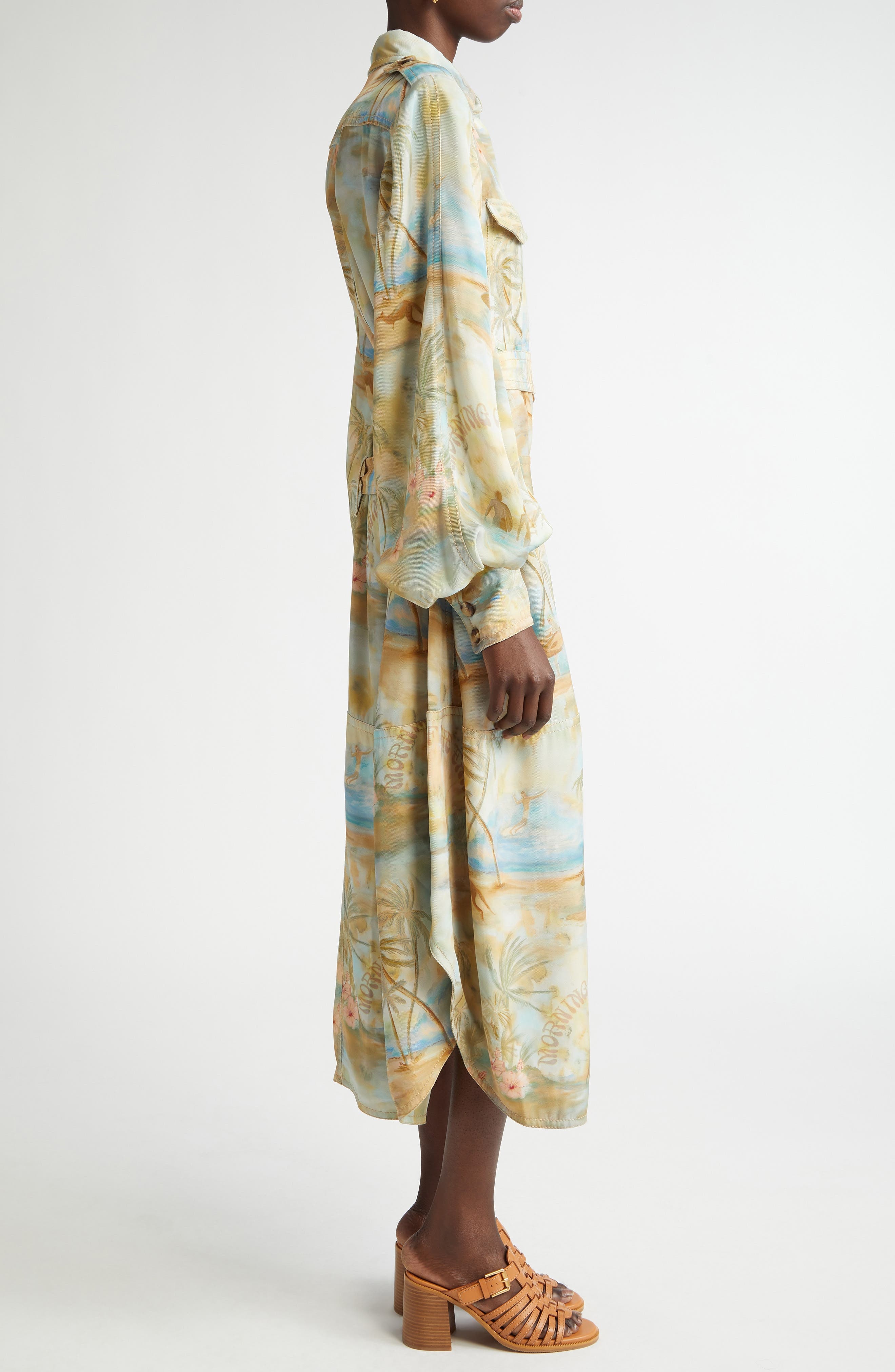 Zimmermann Tropical Print Long Sleeve Belted Cargo Shirtdress in Blue Morning at Nordstrom - 3