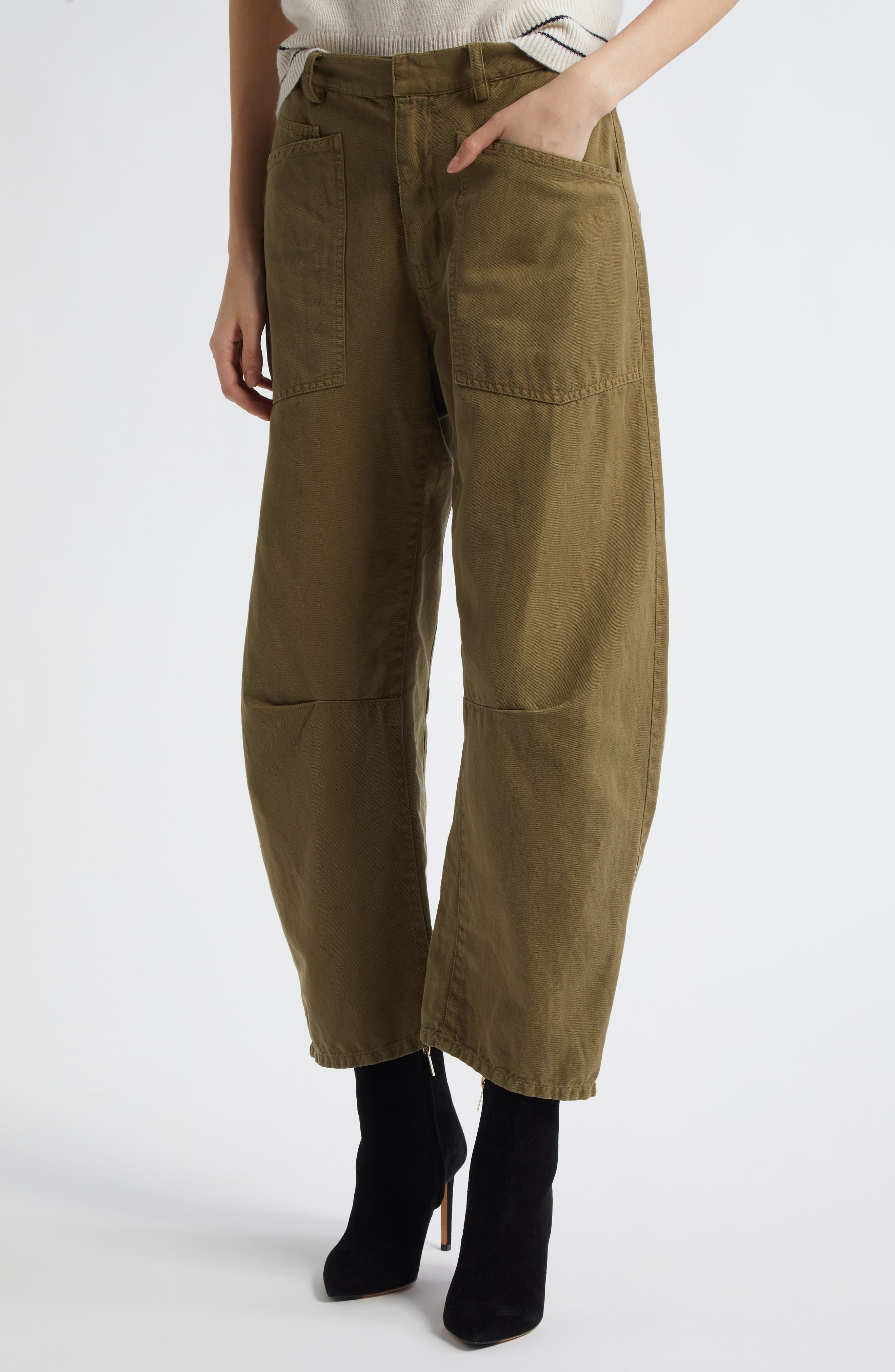 Nili Lotan Shon Barrel Leg Cotton Twill Pants in Olive Green at Nordstrom - 5