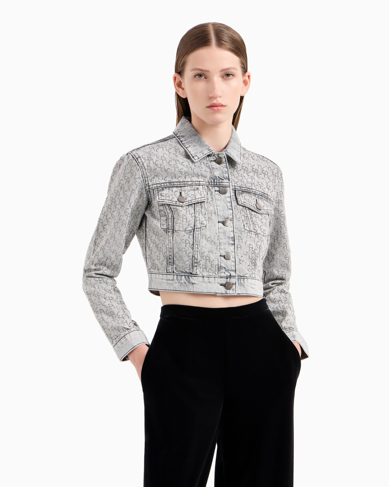 Cropped 12.5 oz denim jacket with all-over rhinestone logo - 2