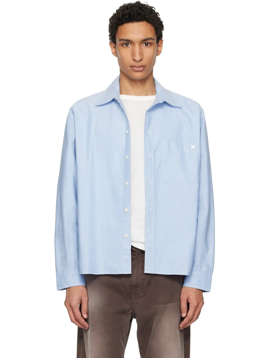 Blue Modern-Cut Cotton Oxford Long Sleeve Shirt - 1