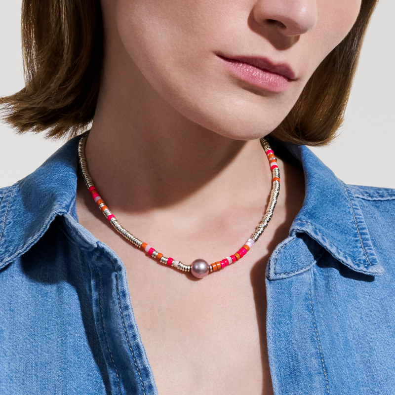 Heishi Necklace, Sterling Silver, Enamel, Hardstones, Pearl 3