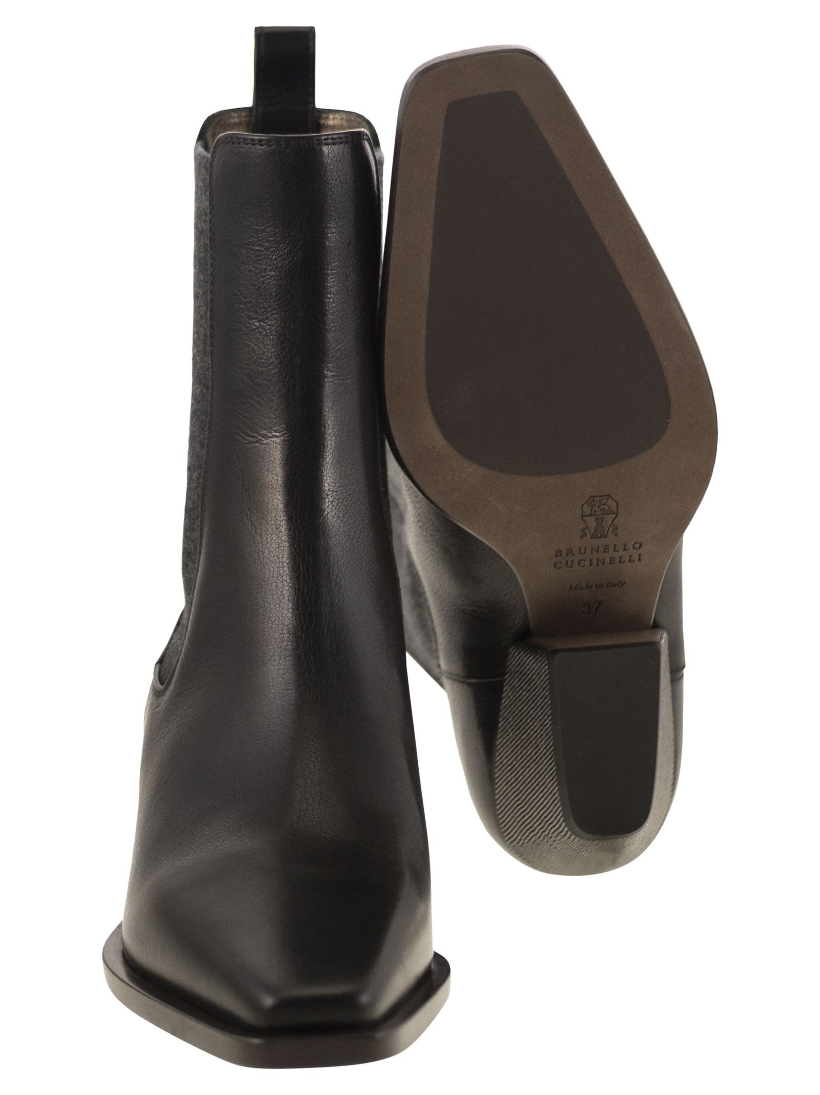 Brunello Cucinelli Women Classic Leather Chelsea Boot With Precious Block Heels - 5