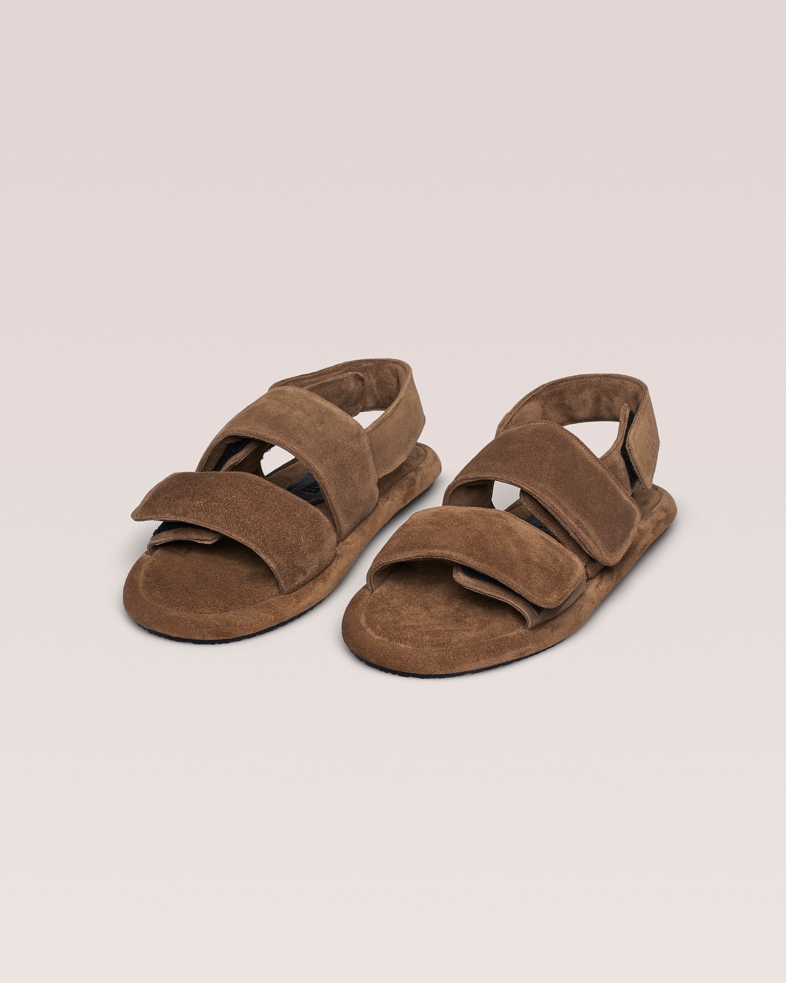 TARRUS - Rounded toe padded flat sandals with velcro straps - Taupe - 3