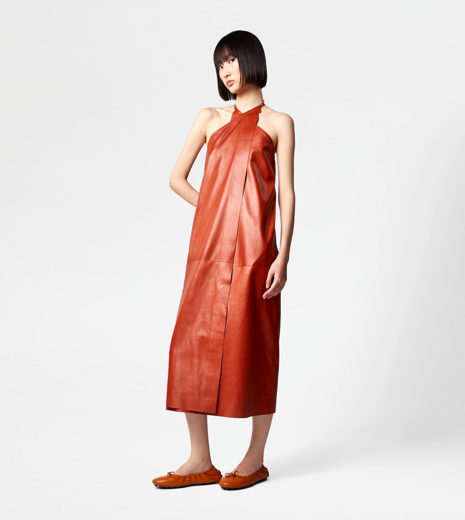 DRESS IN LEATHER WITH HALTERNECK COLLAR - BROWN - 4