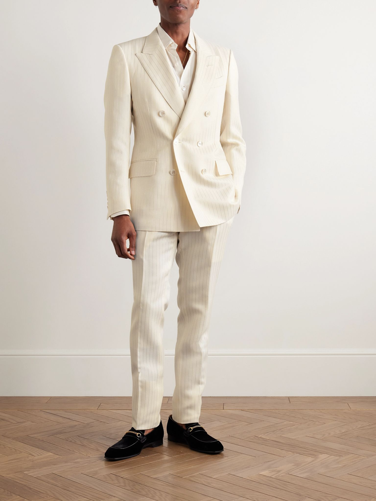Dyllan Double-Breasted Metallic Striped Wool-Blend Suit Jacket Neutral - 2