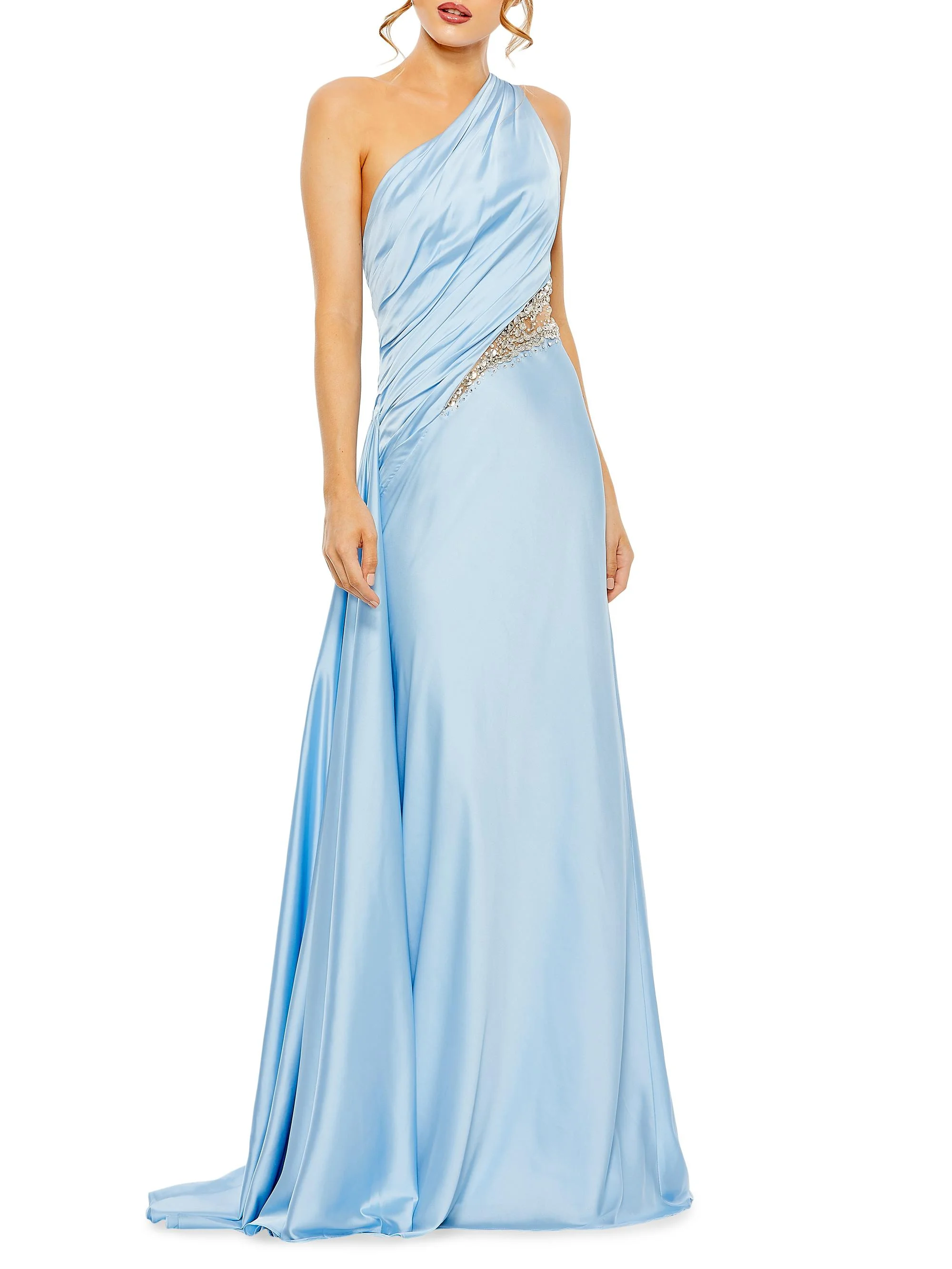Women's Satin One-Shoulder Gown - Powder Blue - 1