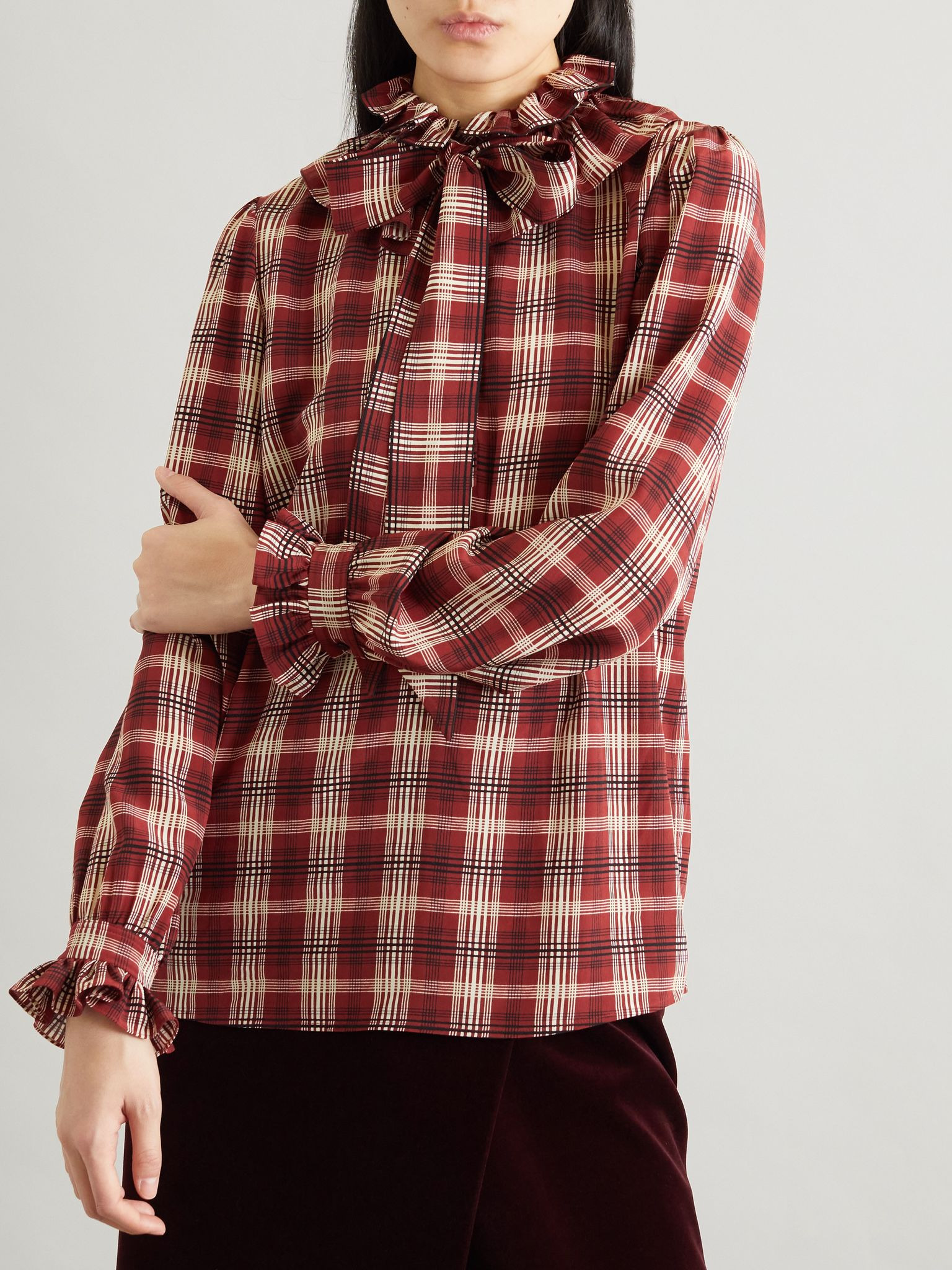 Pussy-bow ruched checked silk blouse Red - 3
