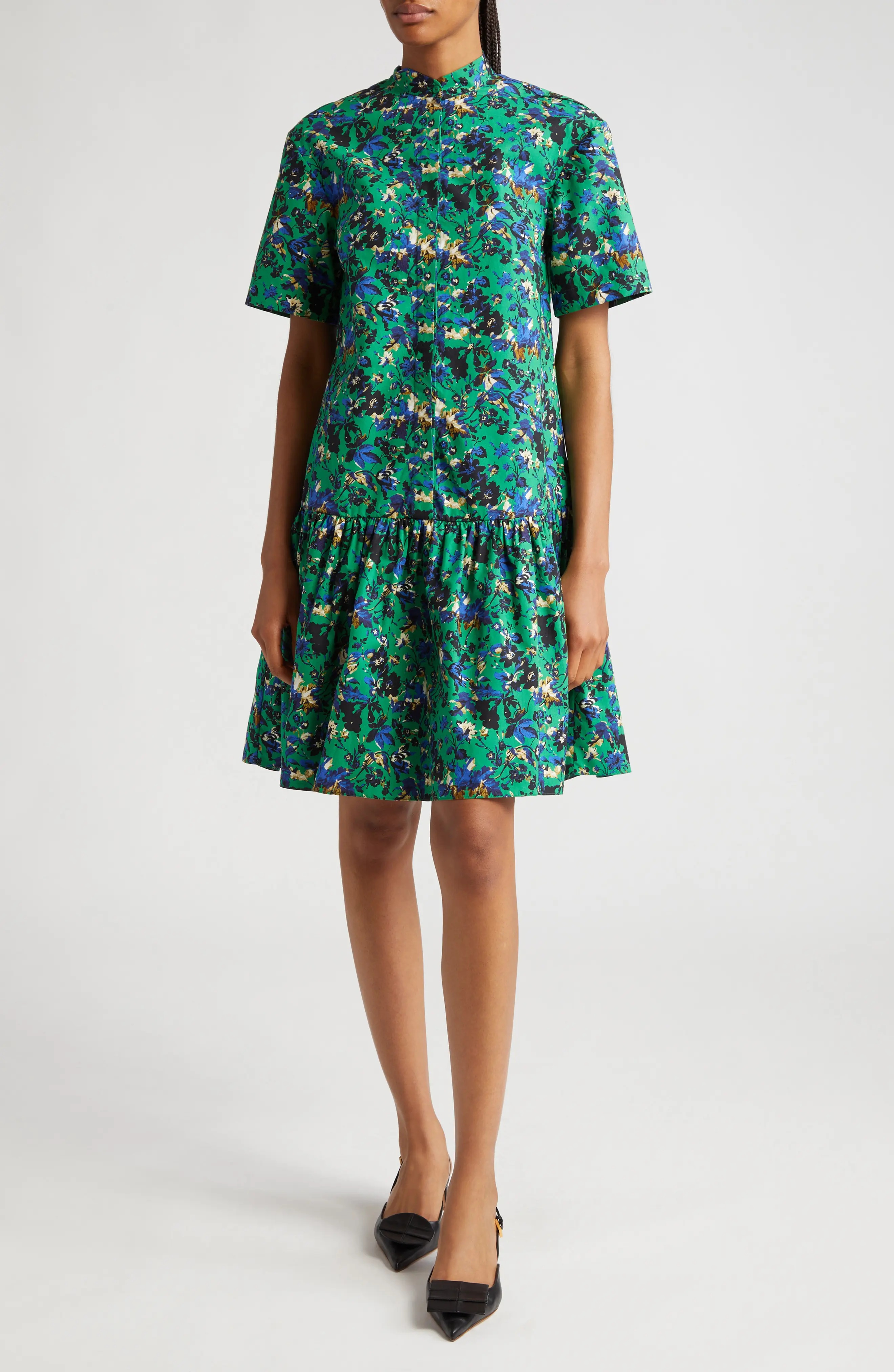 Floral Print Tiered Cotton Poplin Shirtdress - 1