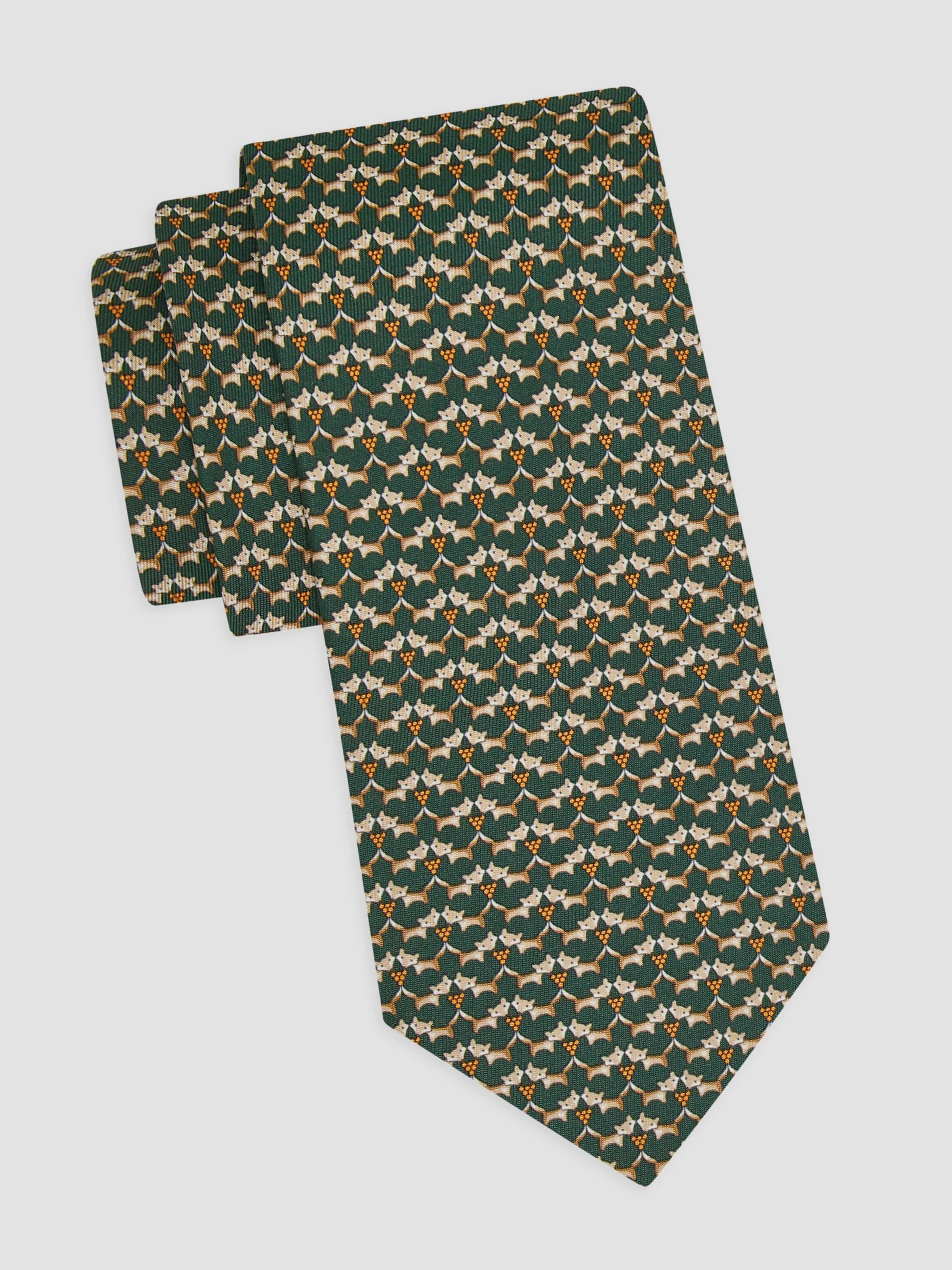 Men's Fox Print Silk Tie - Verde Scuro - 1