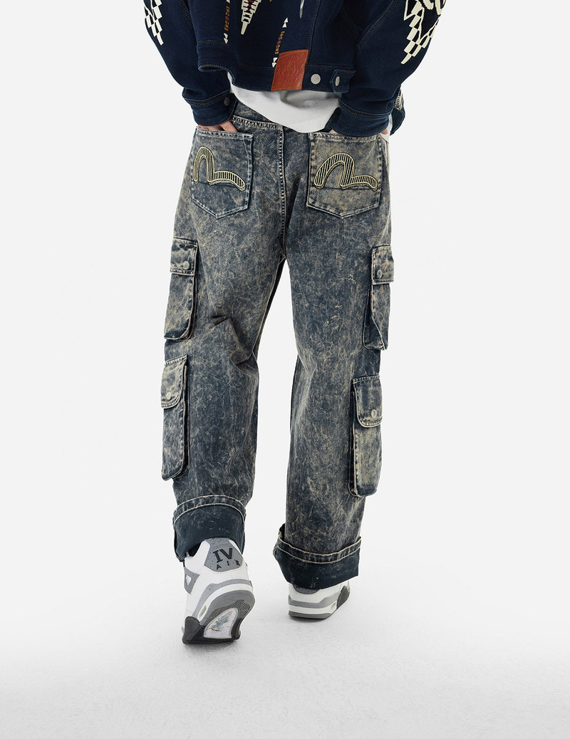 Seagull Print and Multi-Pockets Acid Wash Baggy Cargo Jeans 6