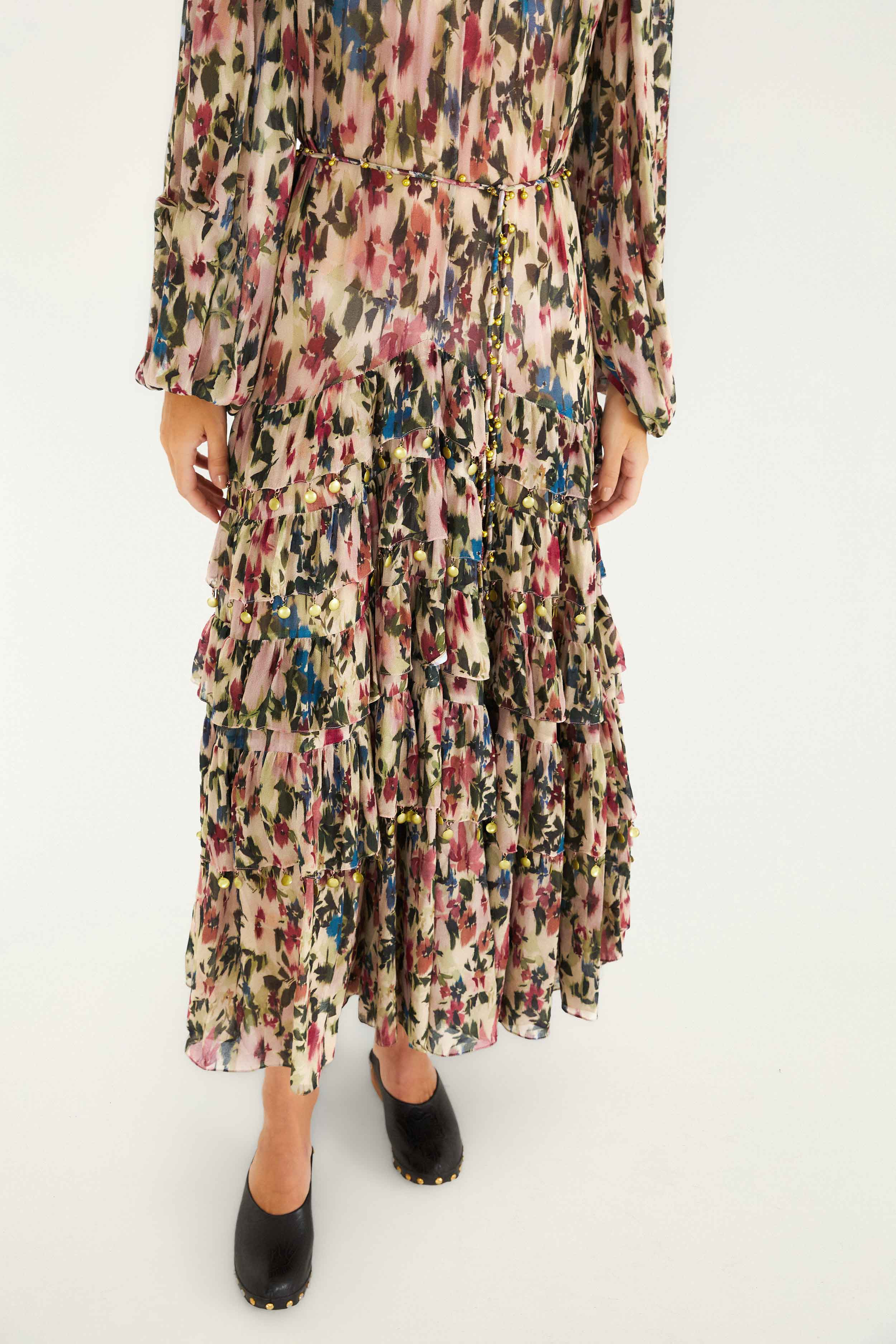 Pink Blurred Tiny Flowers Long Sleeve Maxi Dress - 3