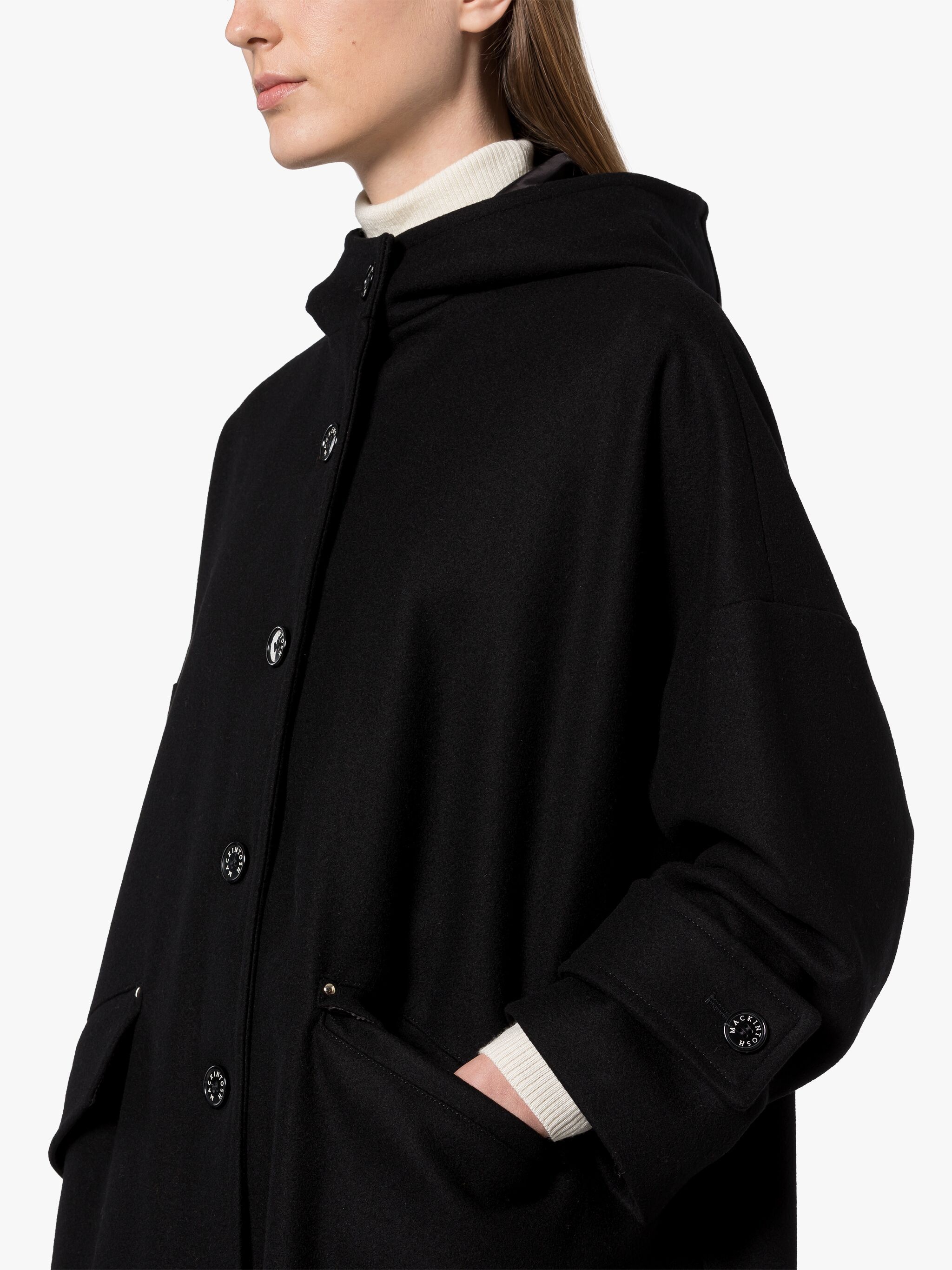 HUMBIE HOOD BLACK WOOL OVERCOAT - 5