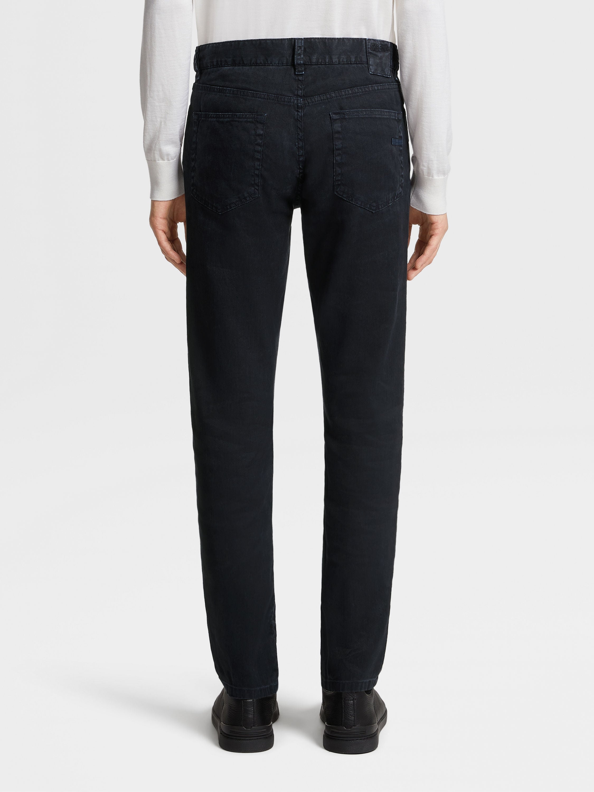 NAVY BLUE STRETCH LINEN AND COTTON JEANS - 3