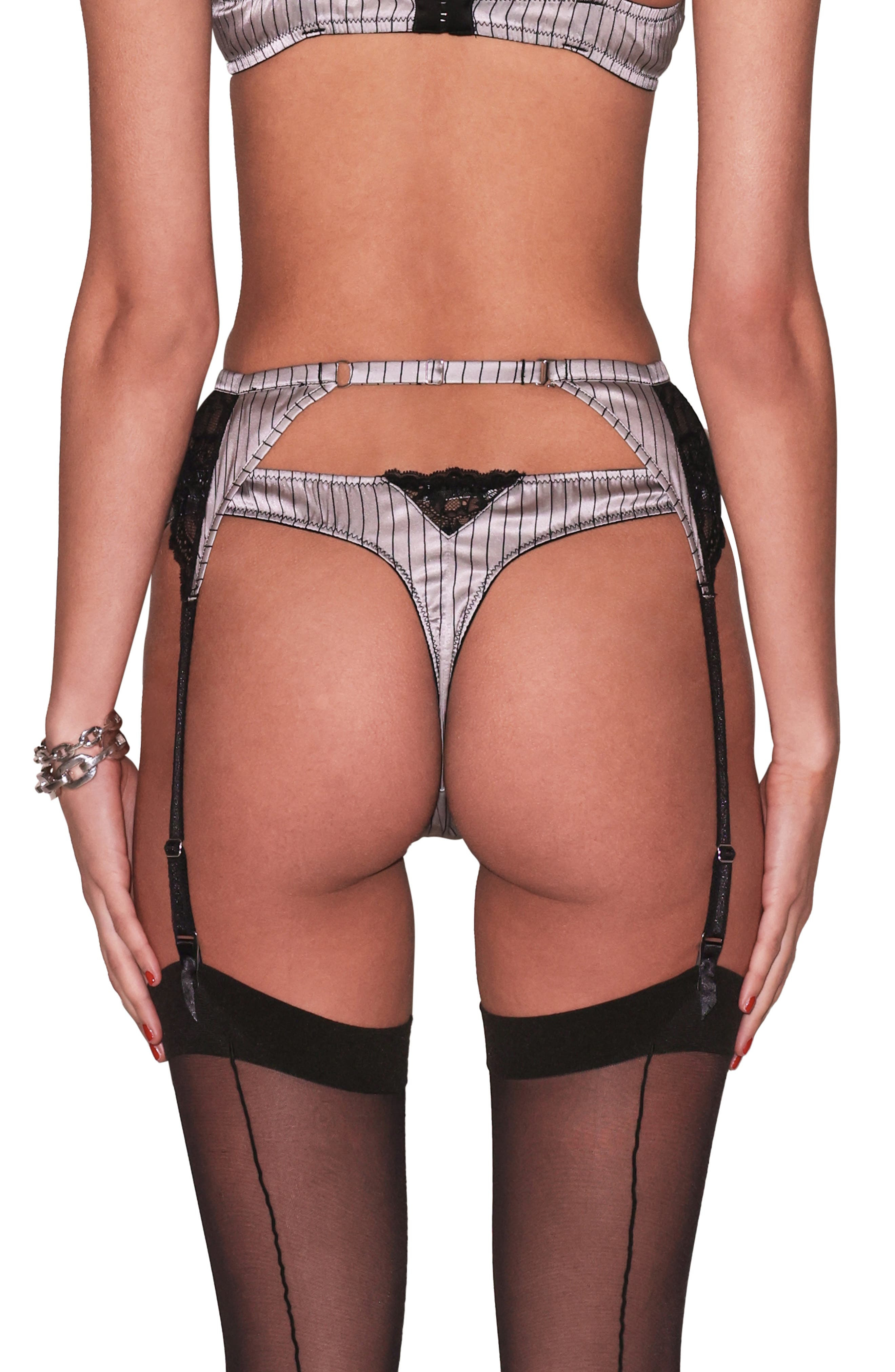 Fleur Du Mal Executive Lace Trim Stretch Silk Thong in Ash Pinstripe at Nordstrom - 3