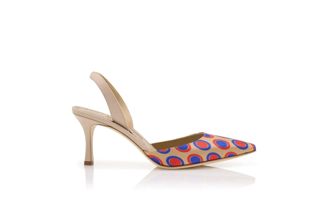 Beige Silk Circular Print Slingback Pumps - 1