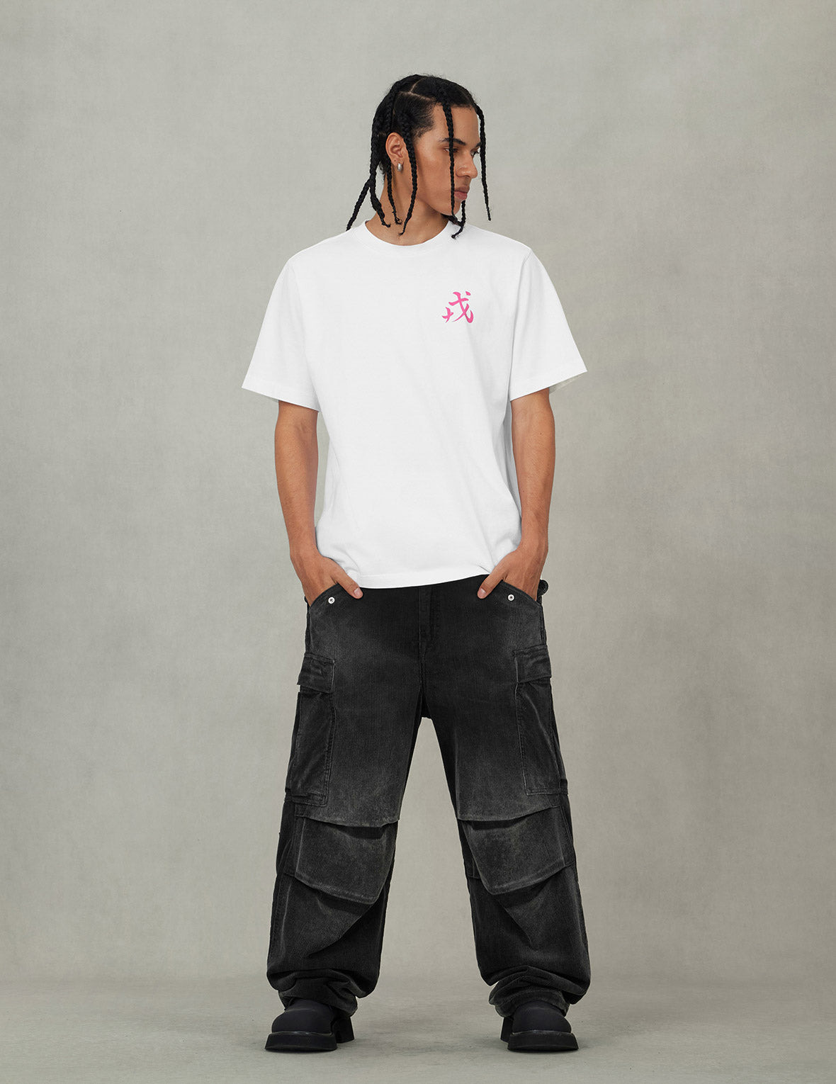 Washed Daicock Embroidery Wide-leg Corduroy Cargo Pants - 5