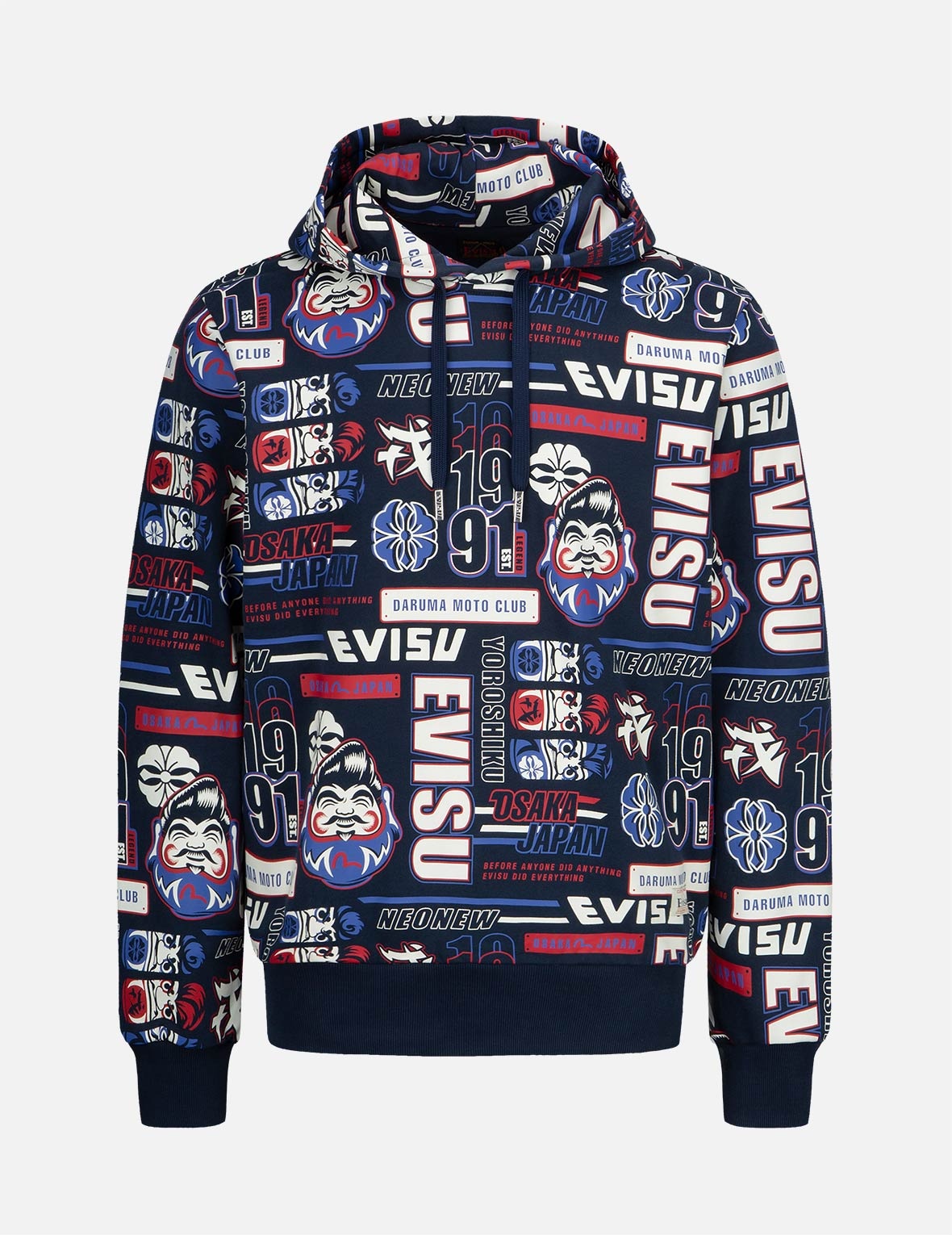 ALLOVER DARUMA AND SLOGAN PRINT HOODED SWEATSHIRT - 1