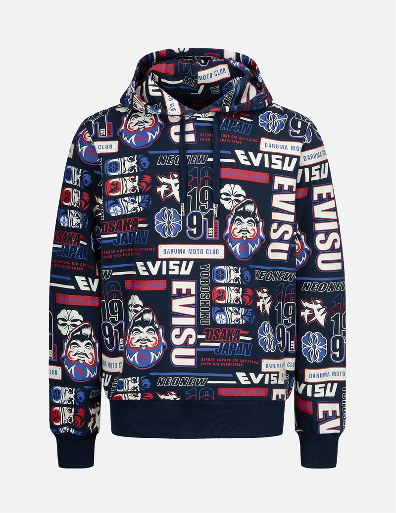 ALLOVER DARUMA AND SLOGAN PRINT HOODED SWEATSHIRT 1