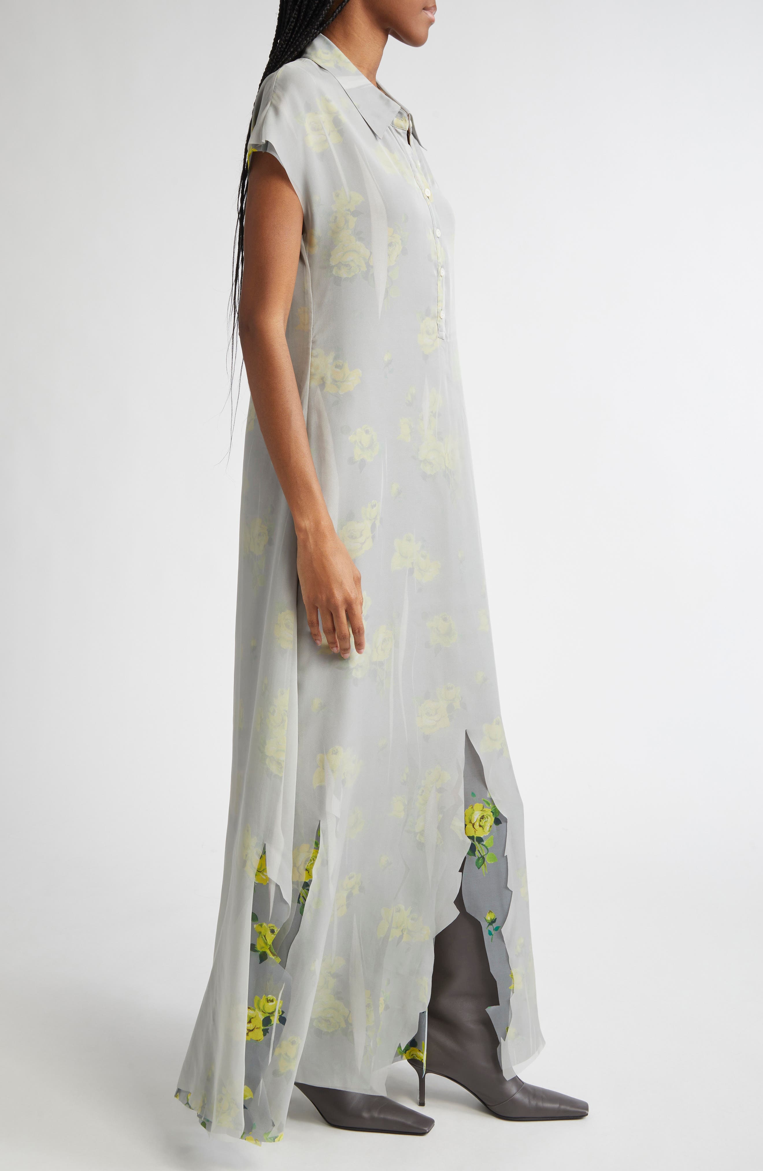 Acne Studios Dranee Floral Georgette Maxi Shirtdress in Yellow/Grey at Nordstrom - 3
