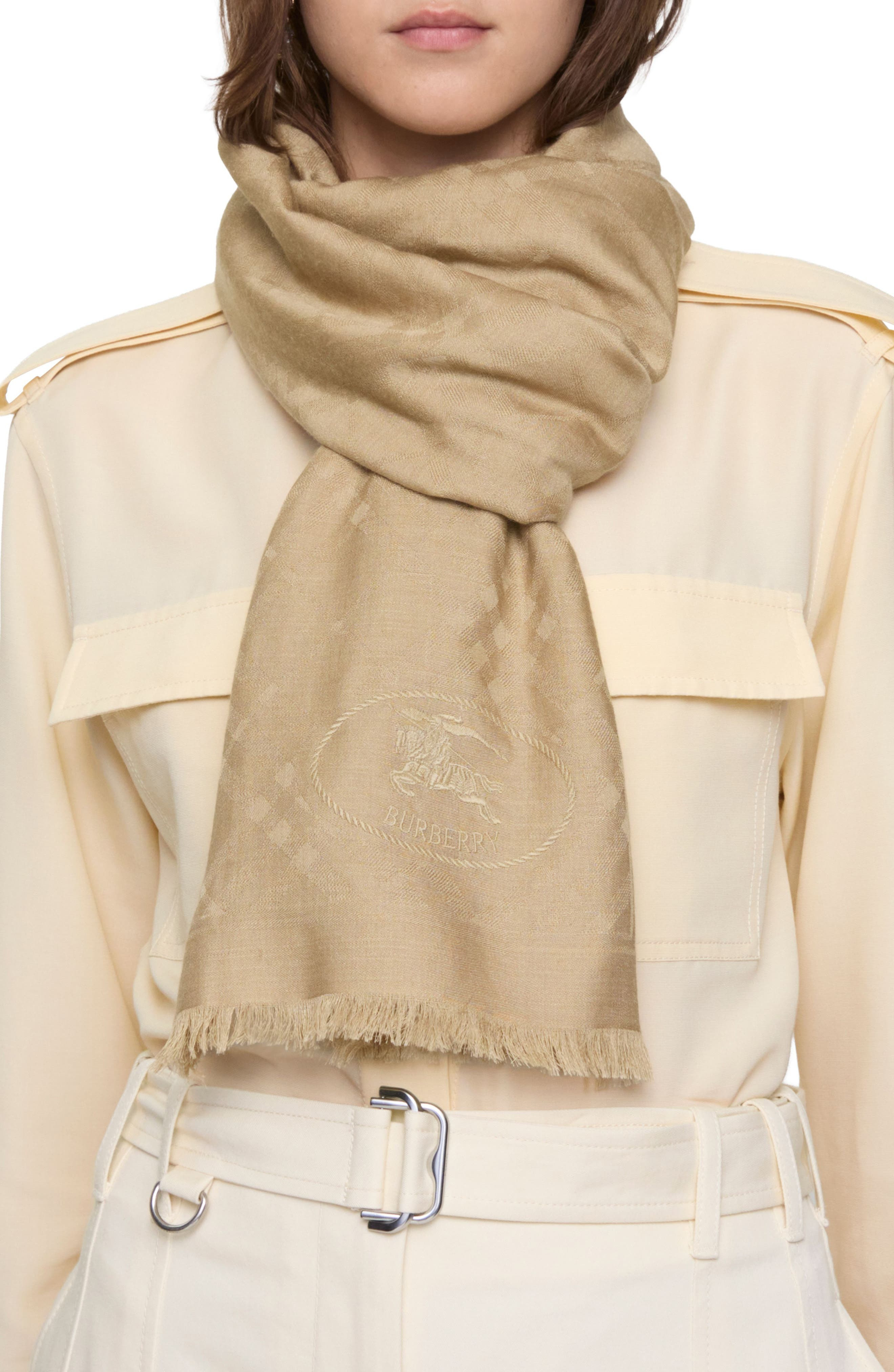 burberry Check EKD Embroidered Wool & Silk Scarf in Sand at Nordstrom - 2