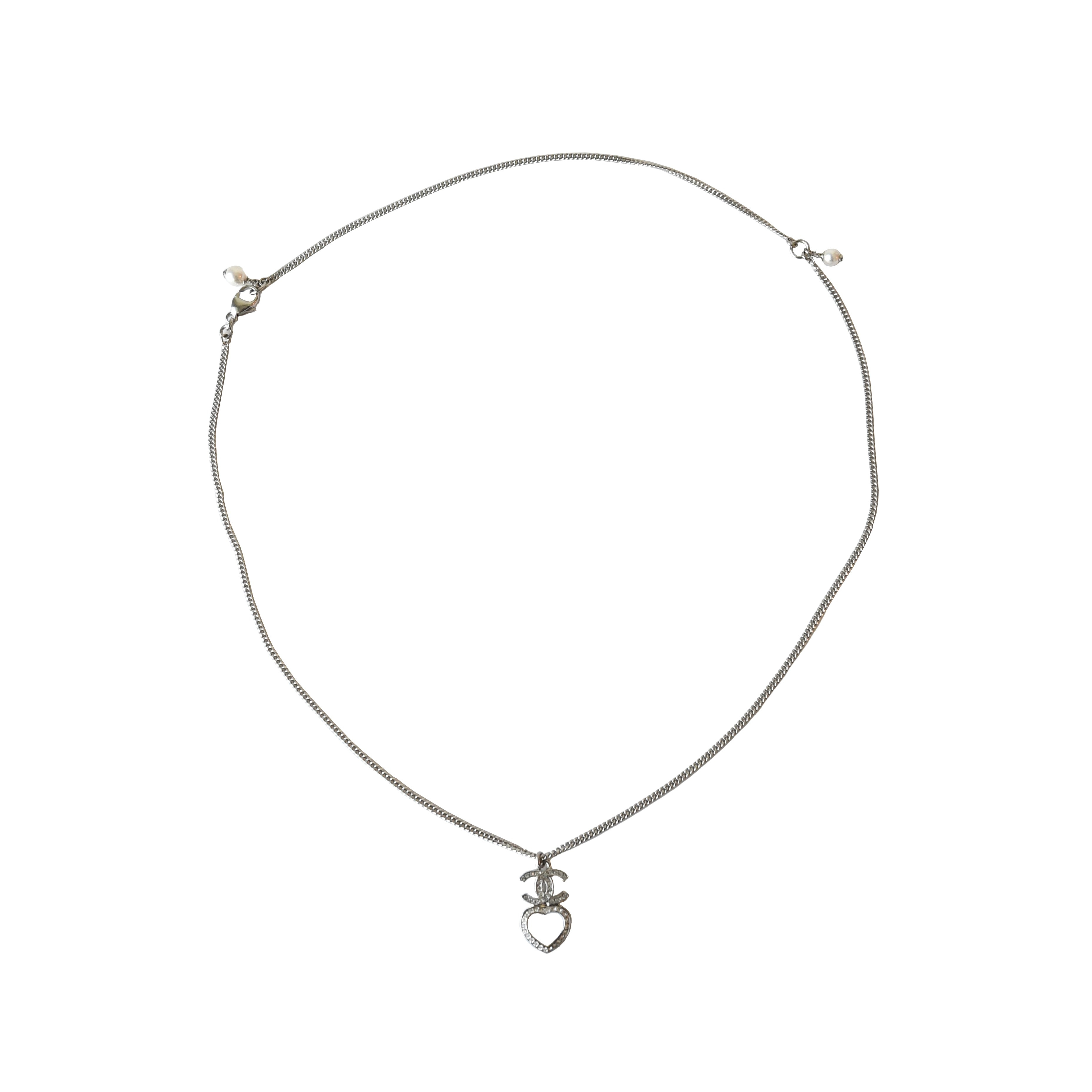 Chanel Crystal Strass CC Heart Pendant Necklace Silver - 2