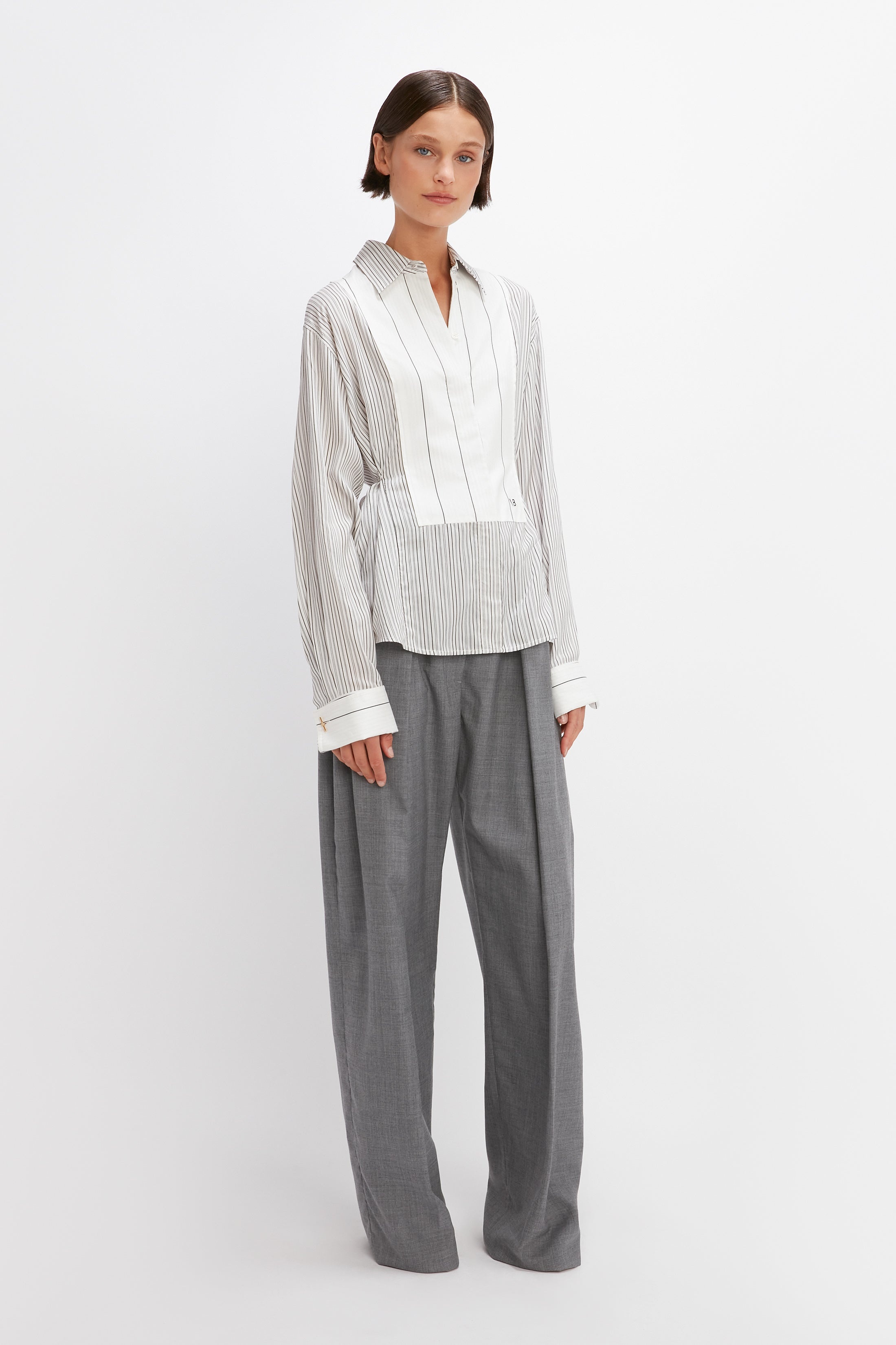 Plastron Shirt in White & Off Black Stripe - 3