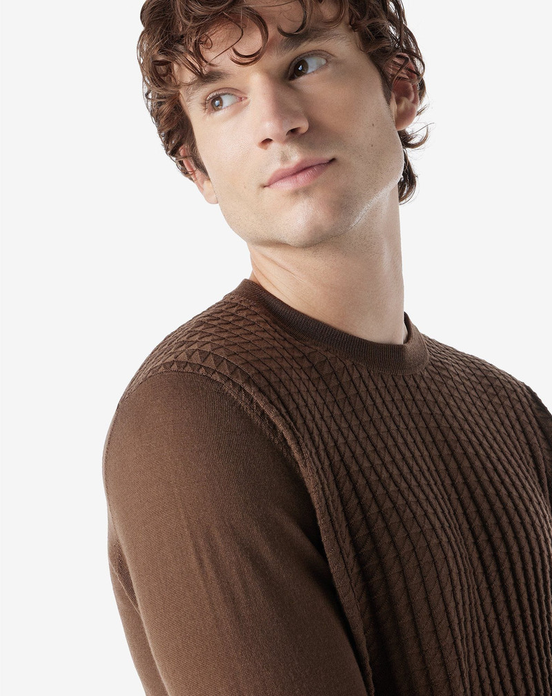 Tobacco brown long-sleeved crew neck shirt made from pure extra fine wool 4