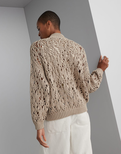Brunello Cucinelli Cotton soft feather yarn lace stitch cardigan with precious zipper pull outlook