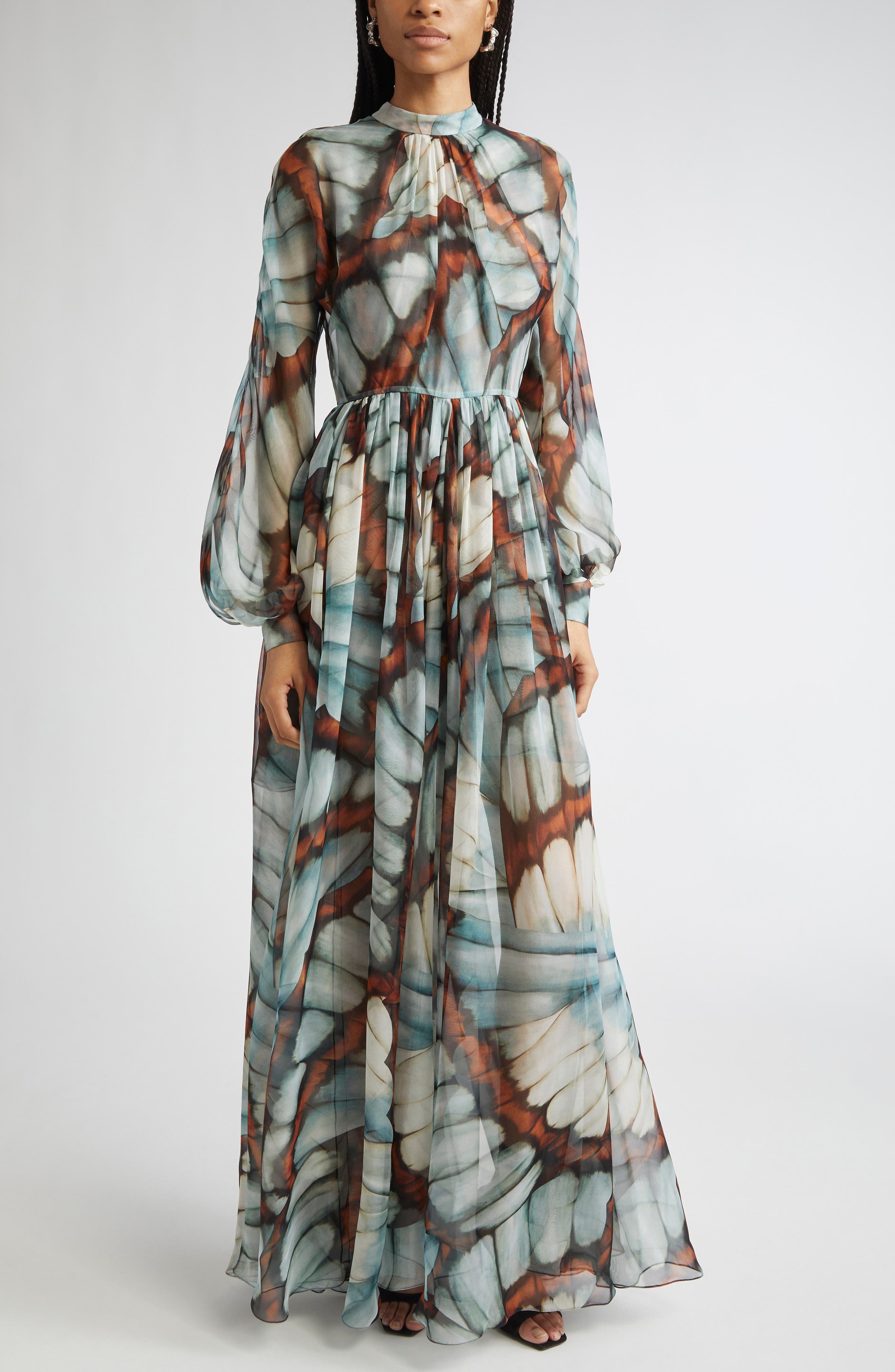 Oscar de la Renta Butterfly Print Long Sleeve Silk Chiffon Gown in Blue Multi at Nordstrom - 1