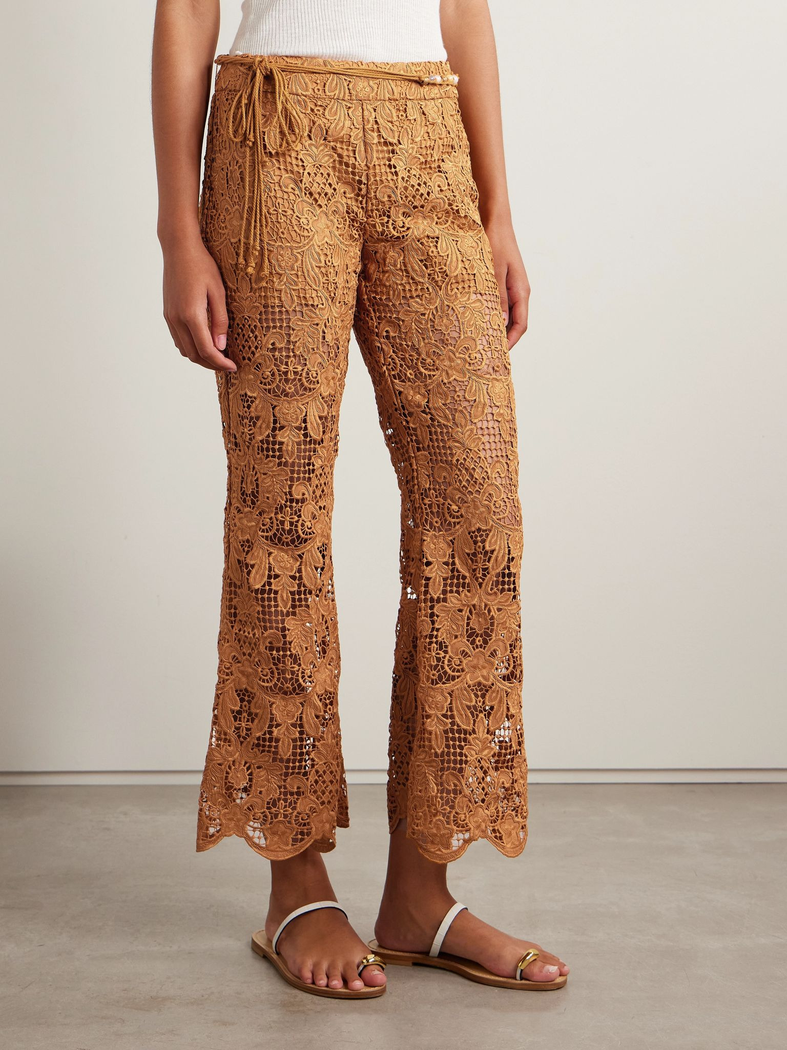Coco belted guipure lace cotton flared pants Camel - 3