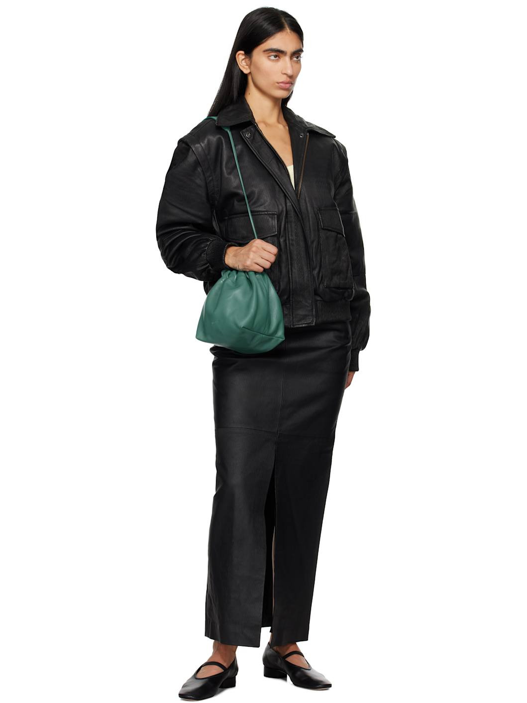 Black High Slit Leather Maxi Skirt - 4