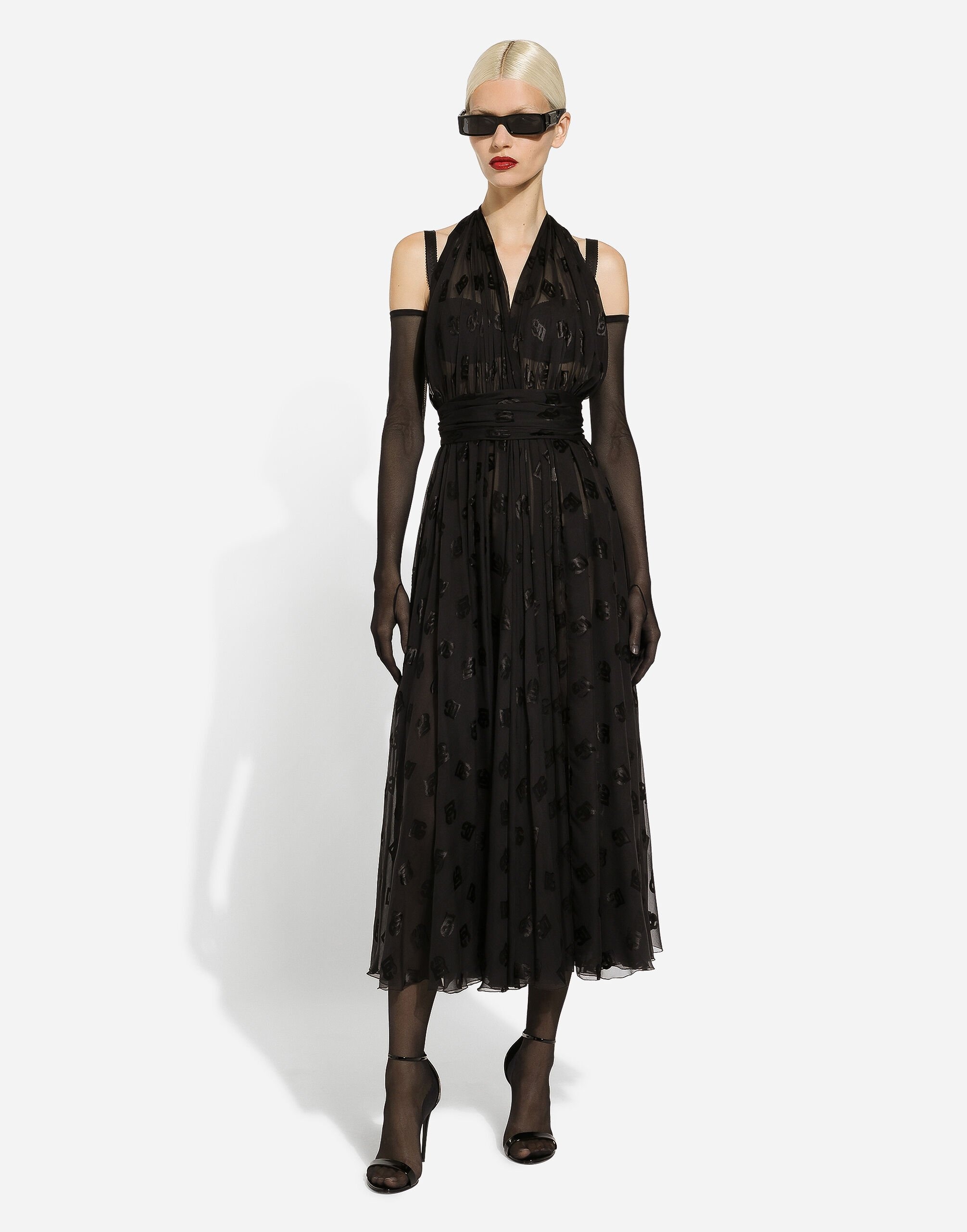 Dévoré satin calf-length dress with all-over DG logo - 2