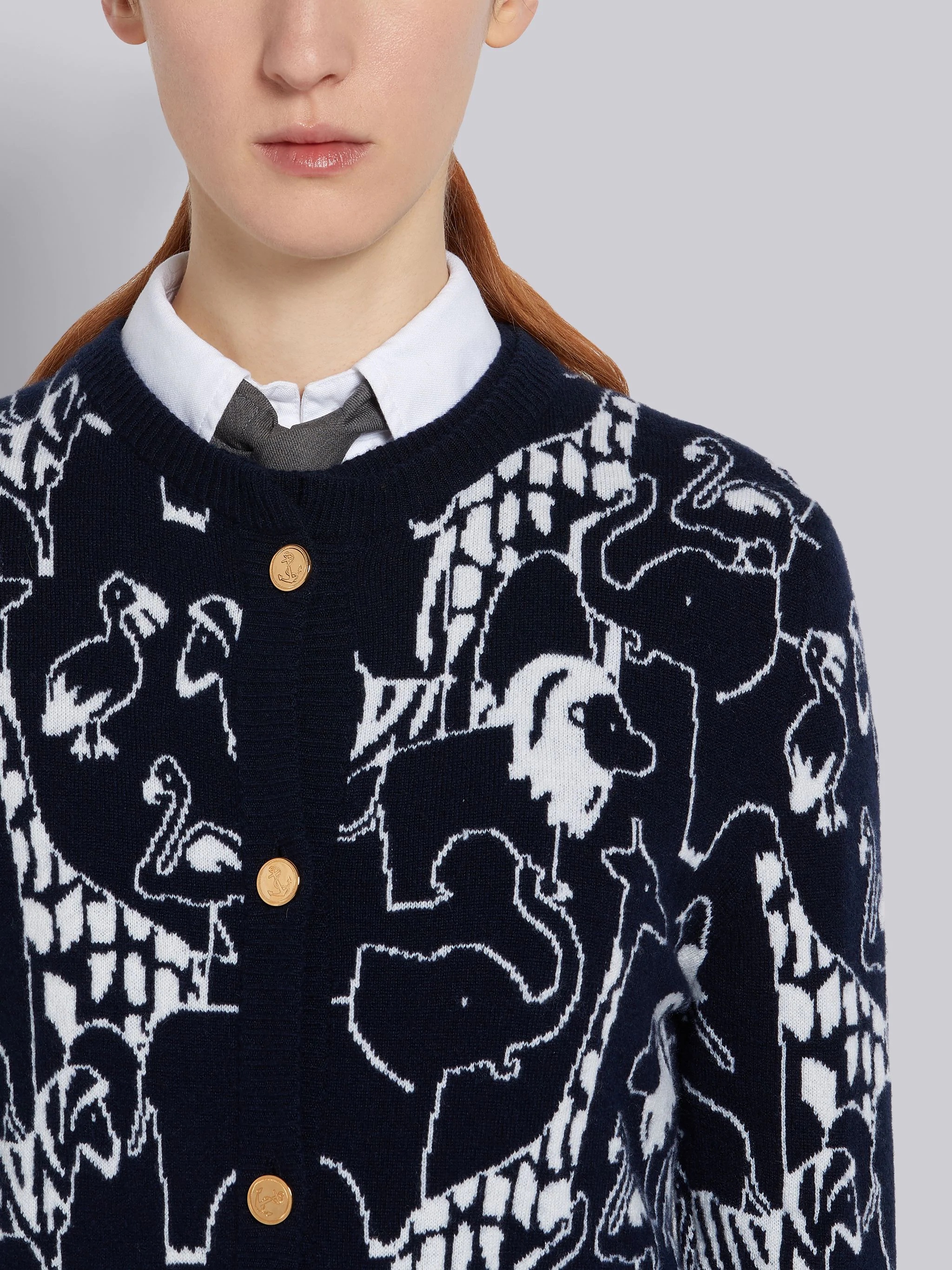 Navy Cashmere Animal Icon Intarsia Crewneck Cardigan - 5