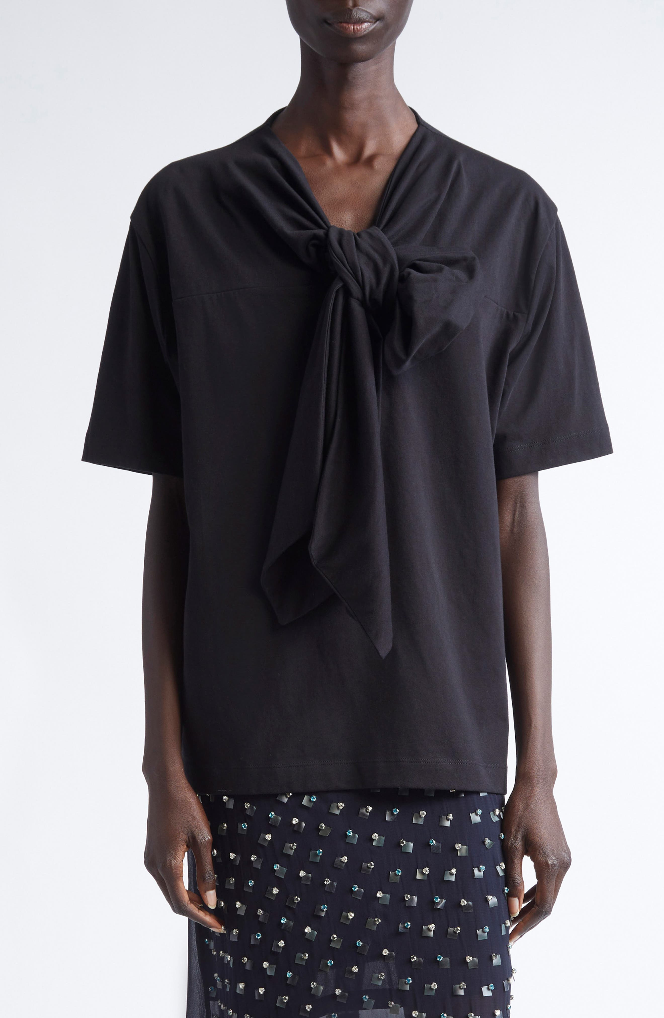 Dries Van Noten Hebitta Bow Neck Short Sleeve T-Shirt in Black at Nordstrom - 1