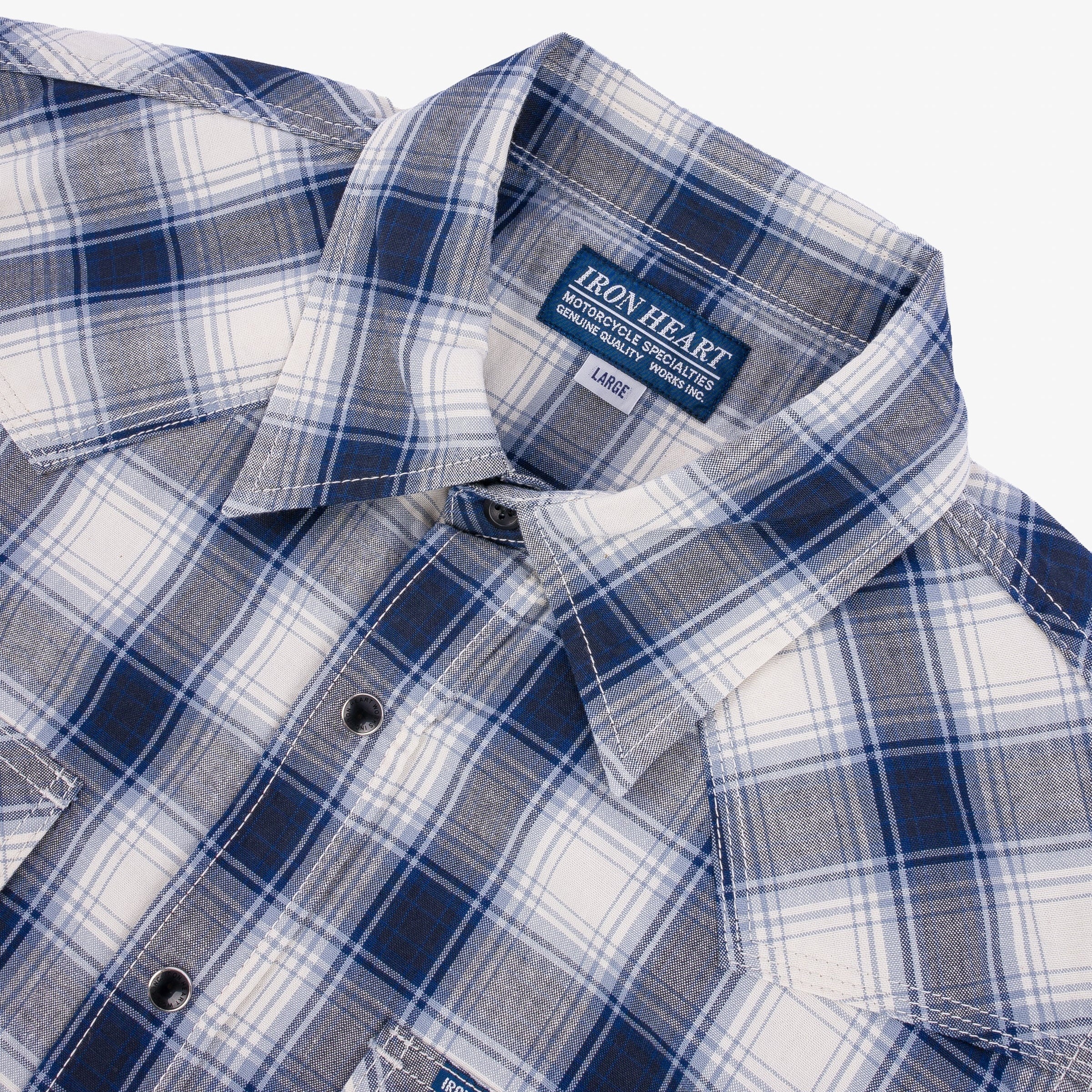 IHSH-418-BLU 5oz Selvedge Madras Check Short Sleeve Western Shirt Blue - 2