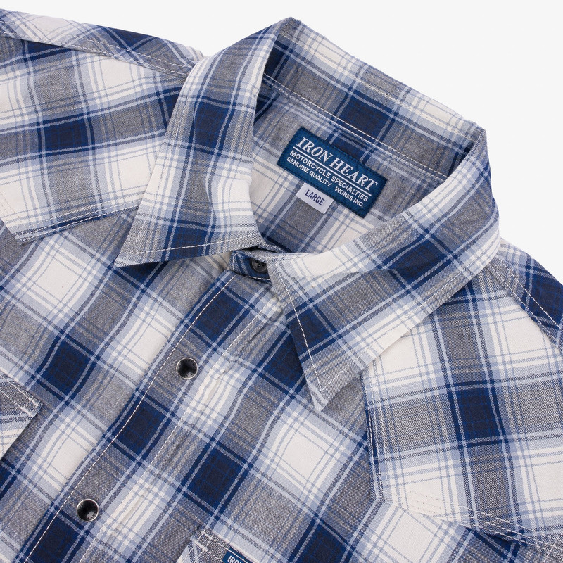 Iron Heart IHSH-418-BLU 5oz Selvedge Madras Check Short Sleeve Western Shirt Blue outlook