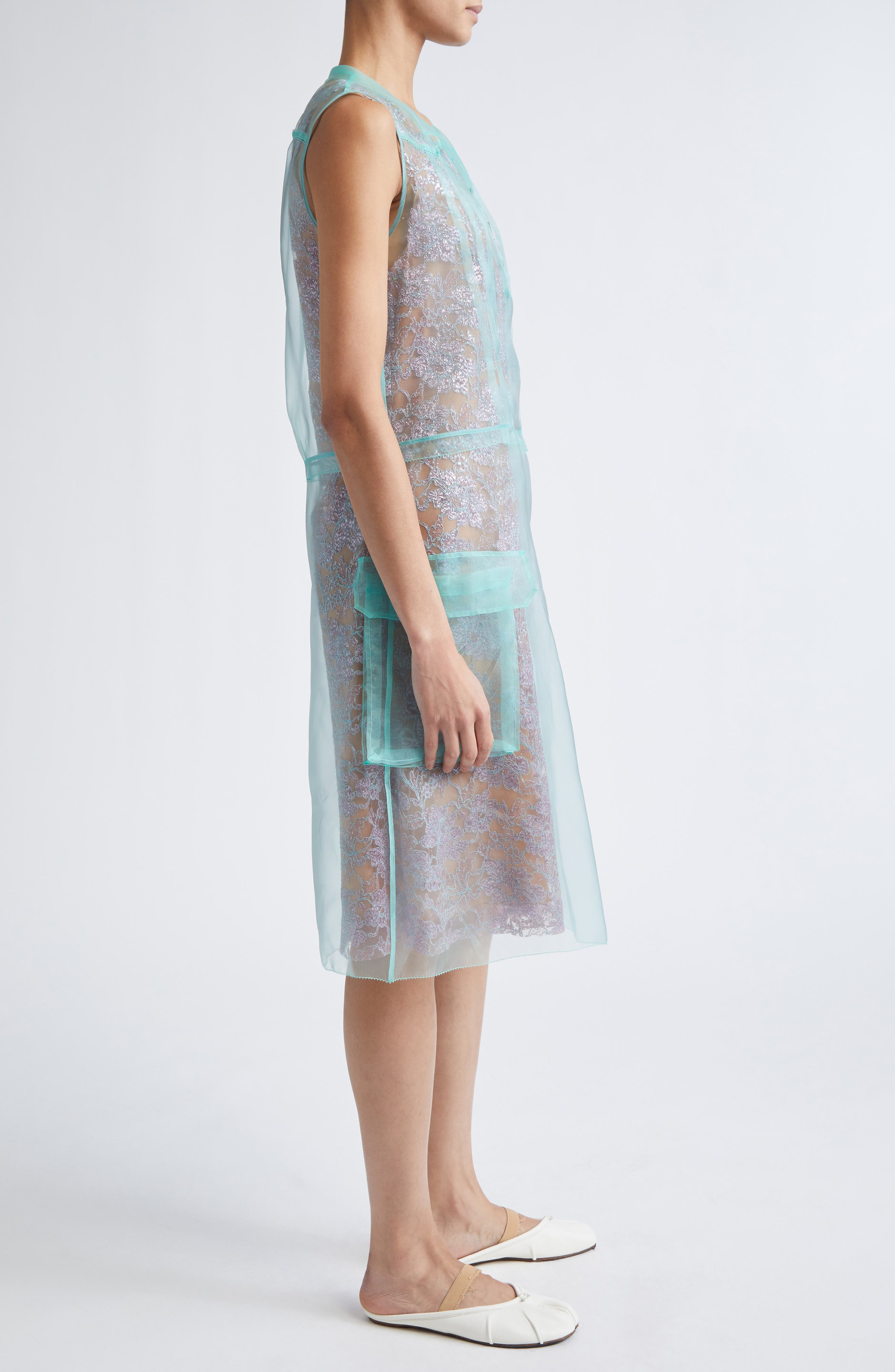 Maison Margiela Sheer Overlay Sleeveless Shirtdress in Emerald/Antique Rose at Nordstrom - 3