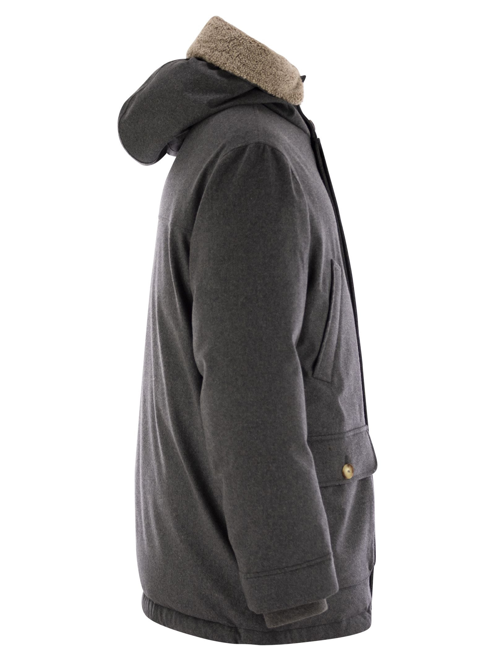 Brunello Cucinelli Men Membranated Wool Flannel Parka Down Jacket With Hood And Shearling Insert - 3