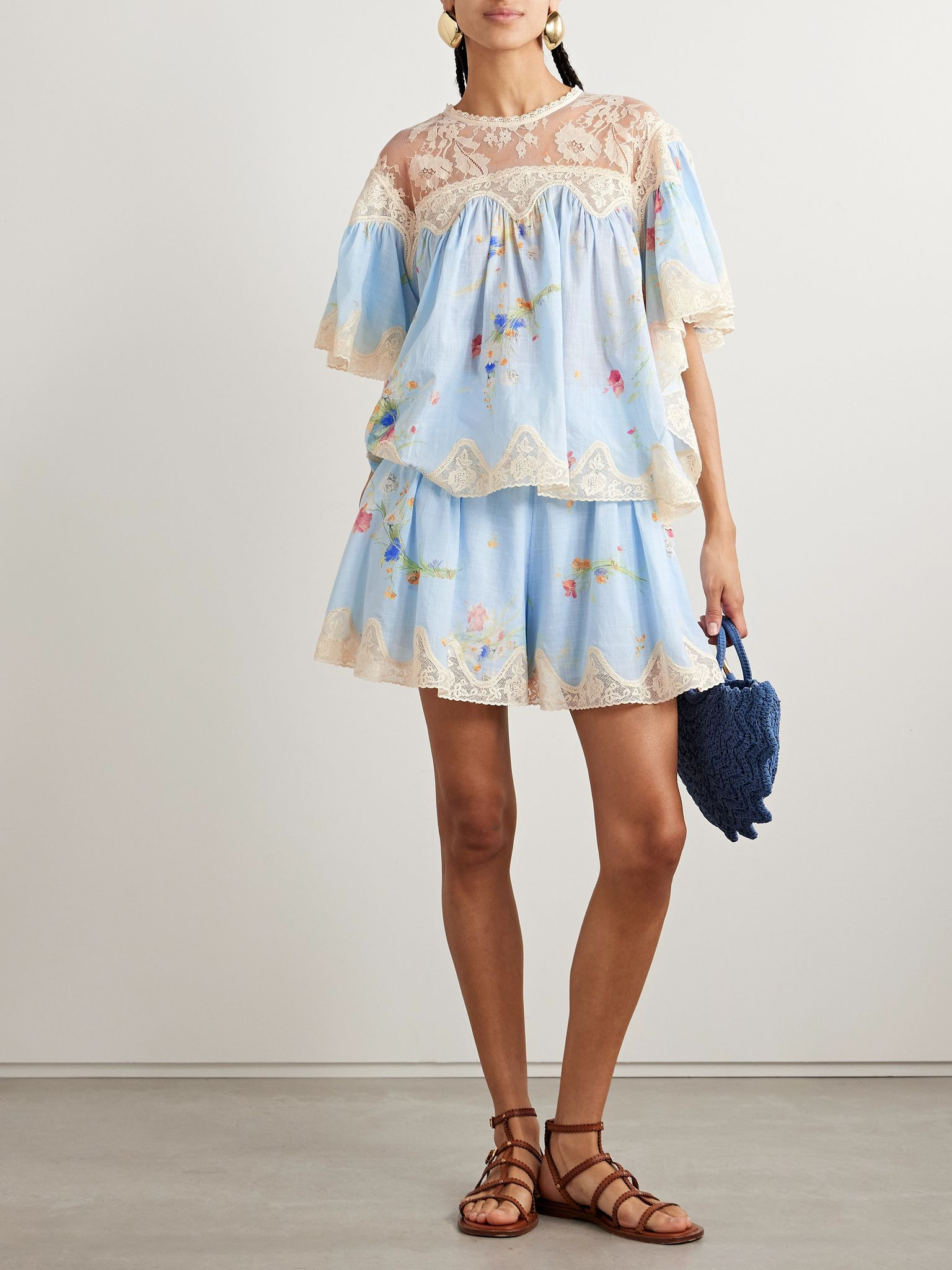 Lucky lace-trimmed floral-print cotton-voile blouse Blue - 2