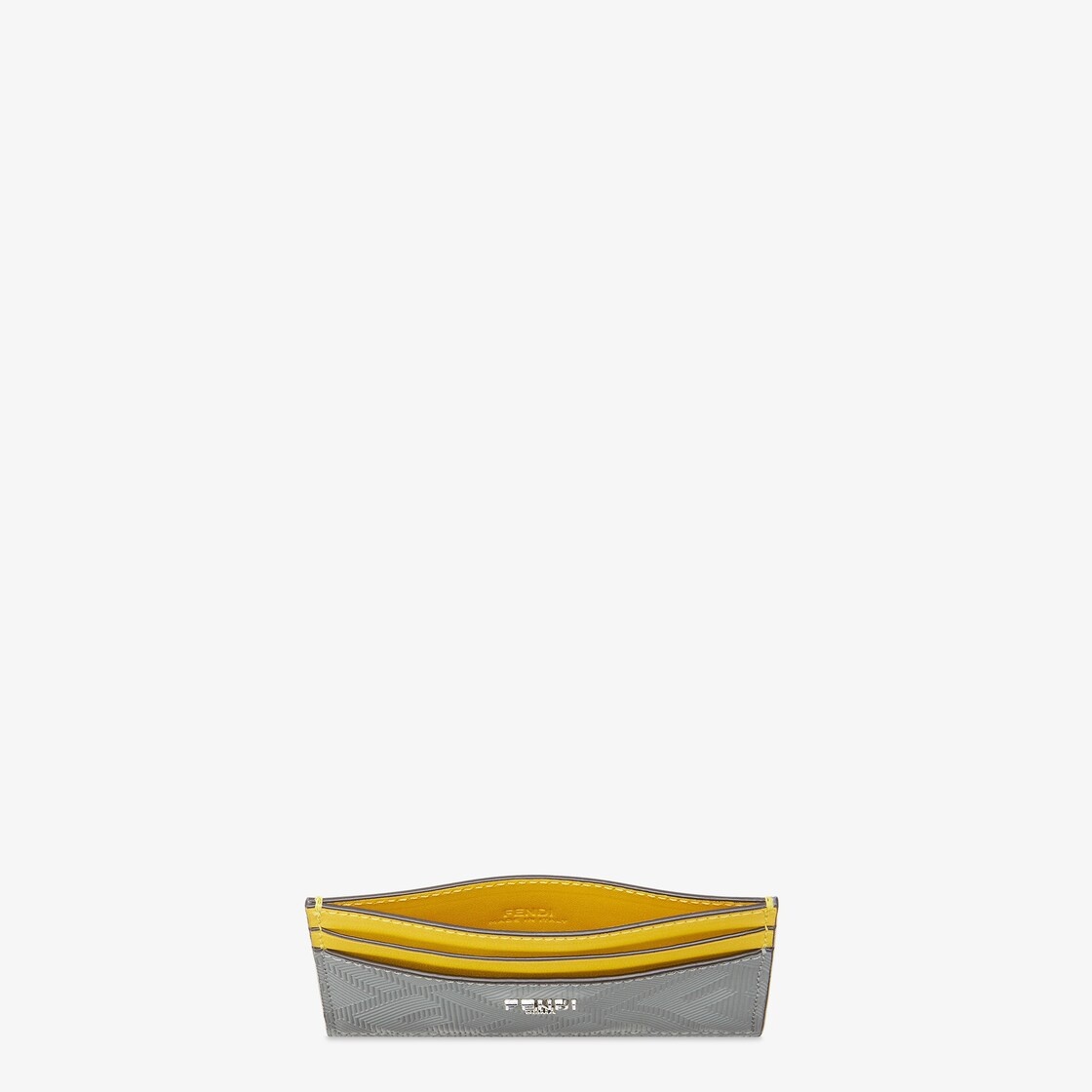 Gray leather card holder with embossed FF print. Yellow leather details. Made in Italy - 3