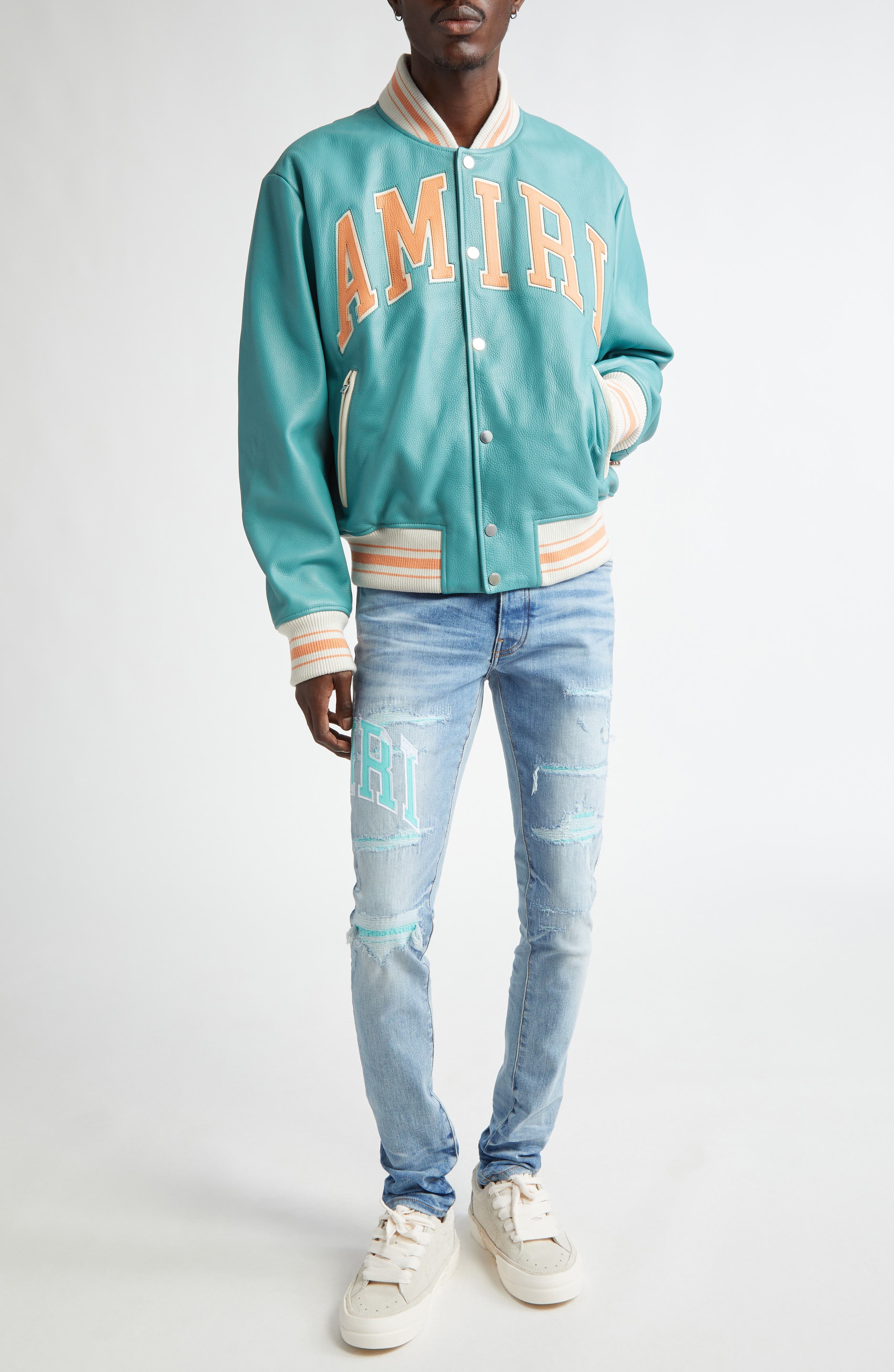 AMIRI Varsity Logo Rip & Repair Skinny Fit Jeans in Perfect Indigo at Nordstrom - 2