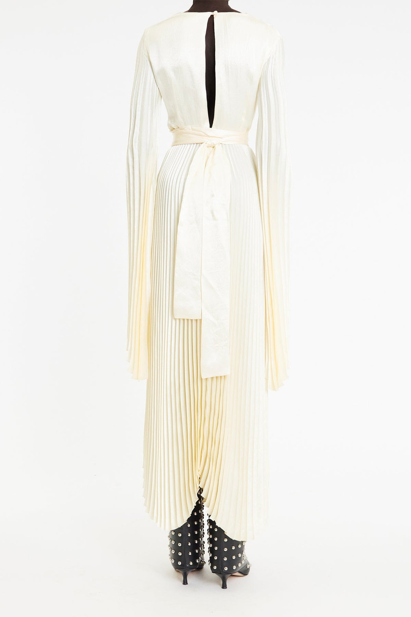 WRAP AROUND MAXI DRESS WITH PLEATED SKIRT AND SLEEVES IVORY 2