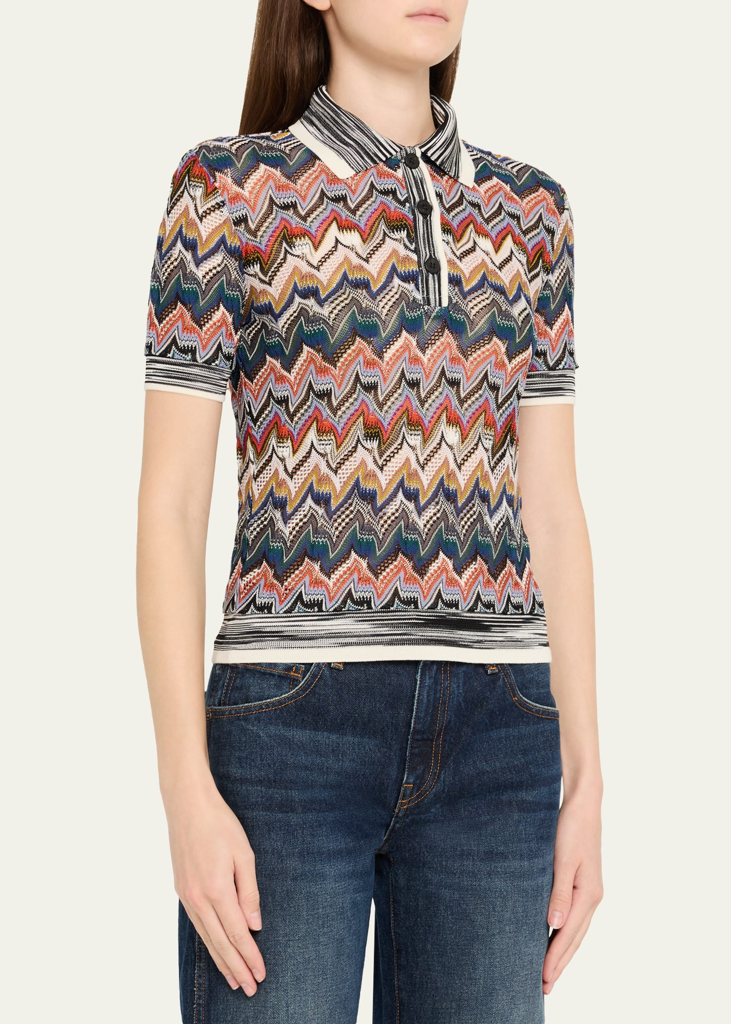 Metallic Zigzag Short-Sleeve Polo Shirt - 4