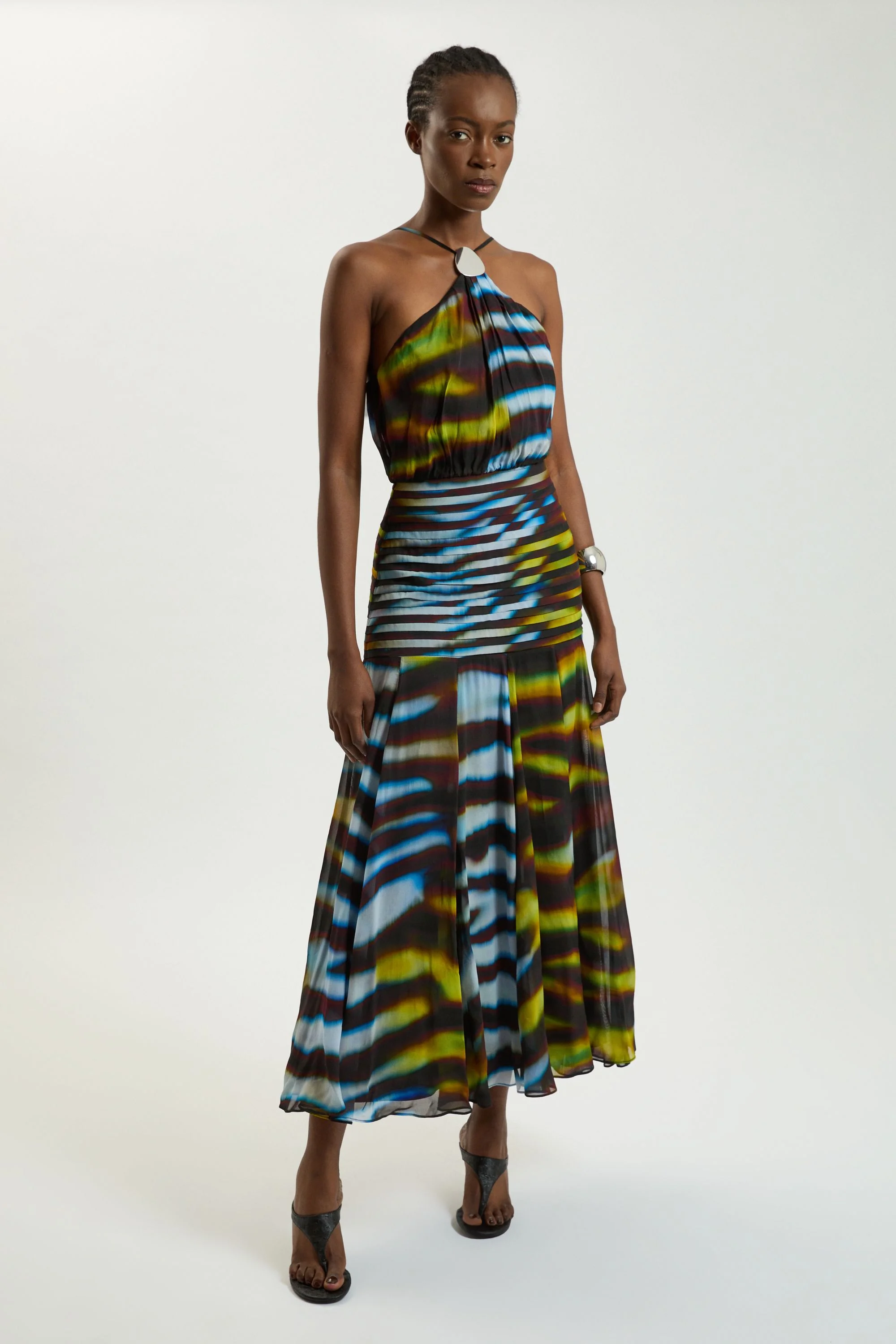 Viscose Georgette Drop Hem Animal Print Woven Halterneck Maxi Dress - 1