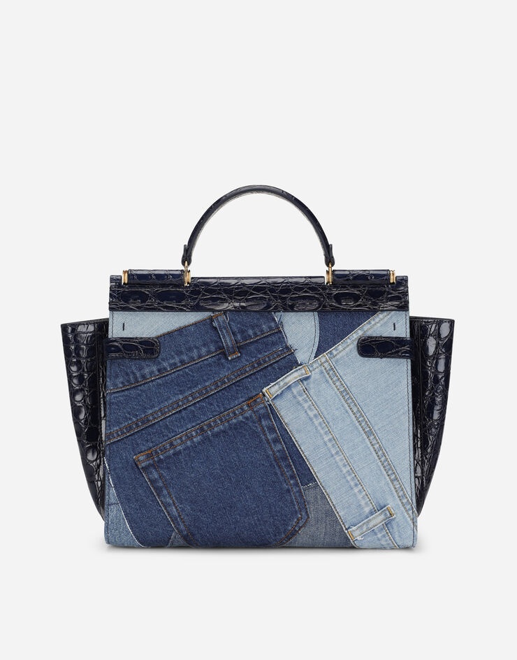 Large Sicily 62 soft bag in patchwork denim and crocodile flank leather - 3