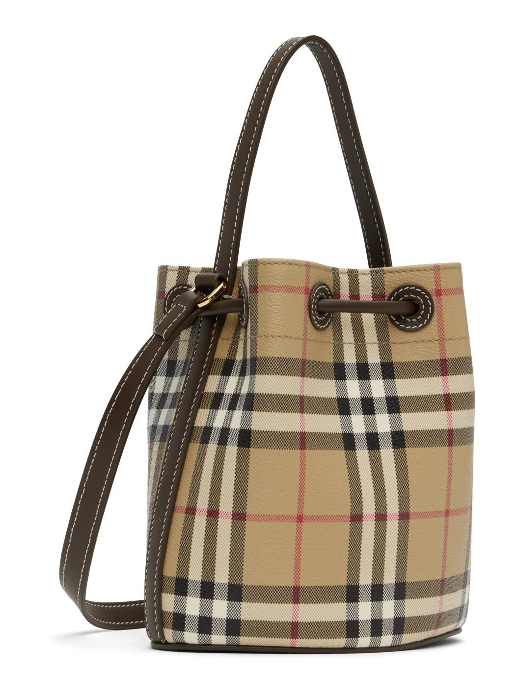 Beige Mini Check Bucket Bag - 3