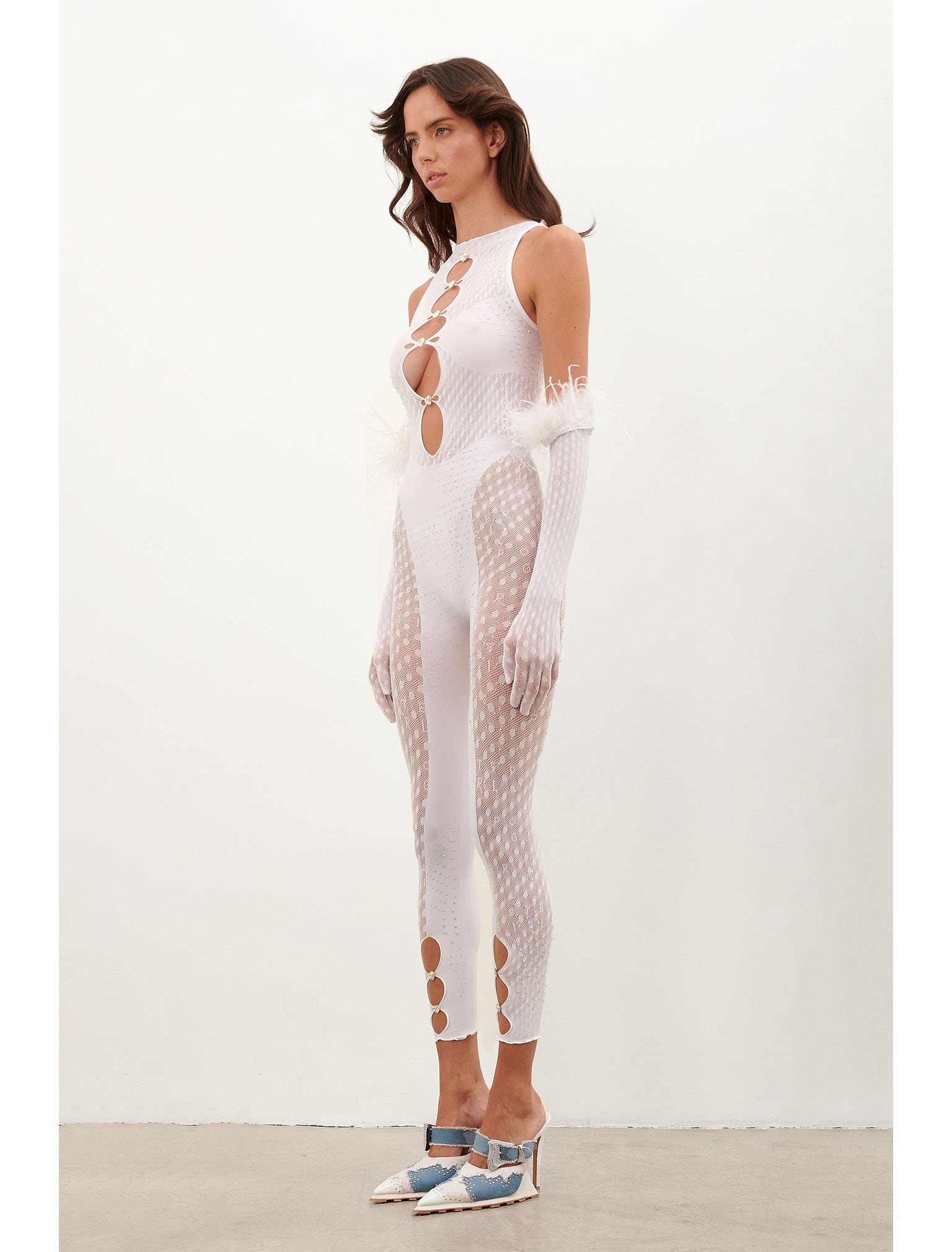 RHINESTONED JANICE JUMPSUIT X GLOVES SET OPTIC WHITE - 4